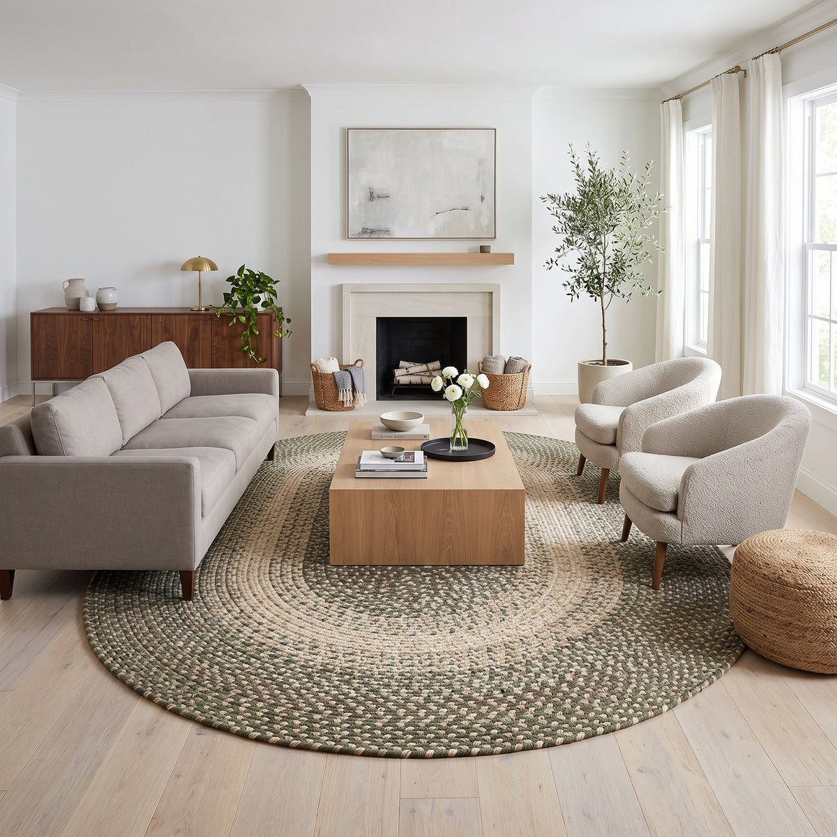 Ridgewood Forest Green braided rug, 8x11 oval, in a large living room #Size_8' x 11' Oval