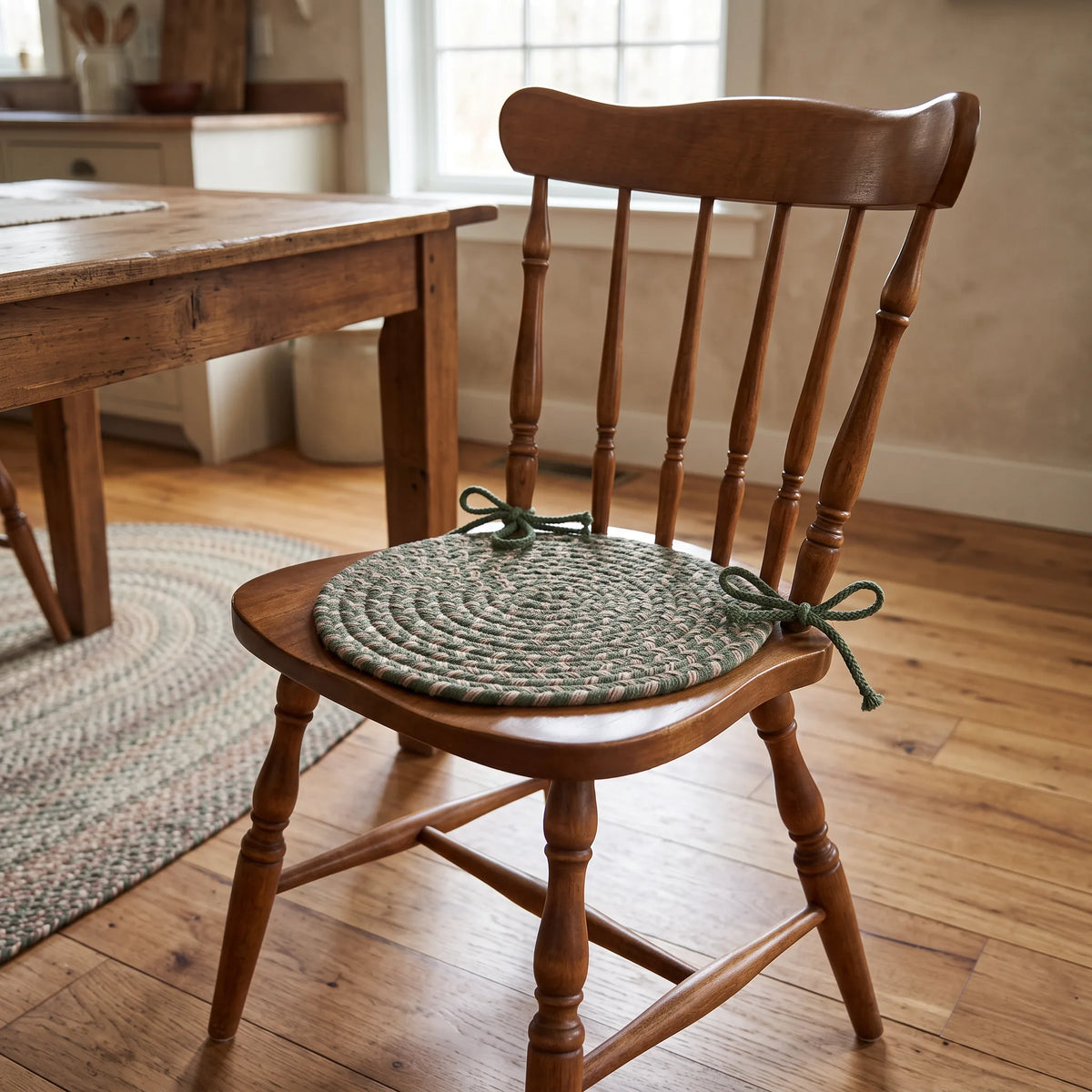 Ridgewood Braided Chair Pad - Forest Green - tied on a classic wooden dining chair