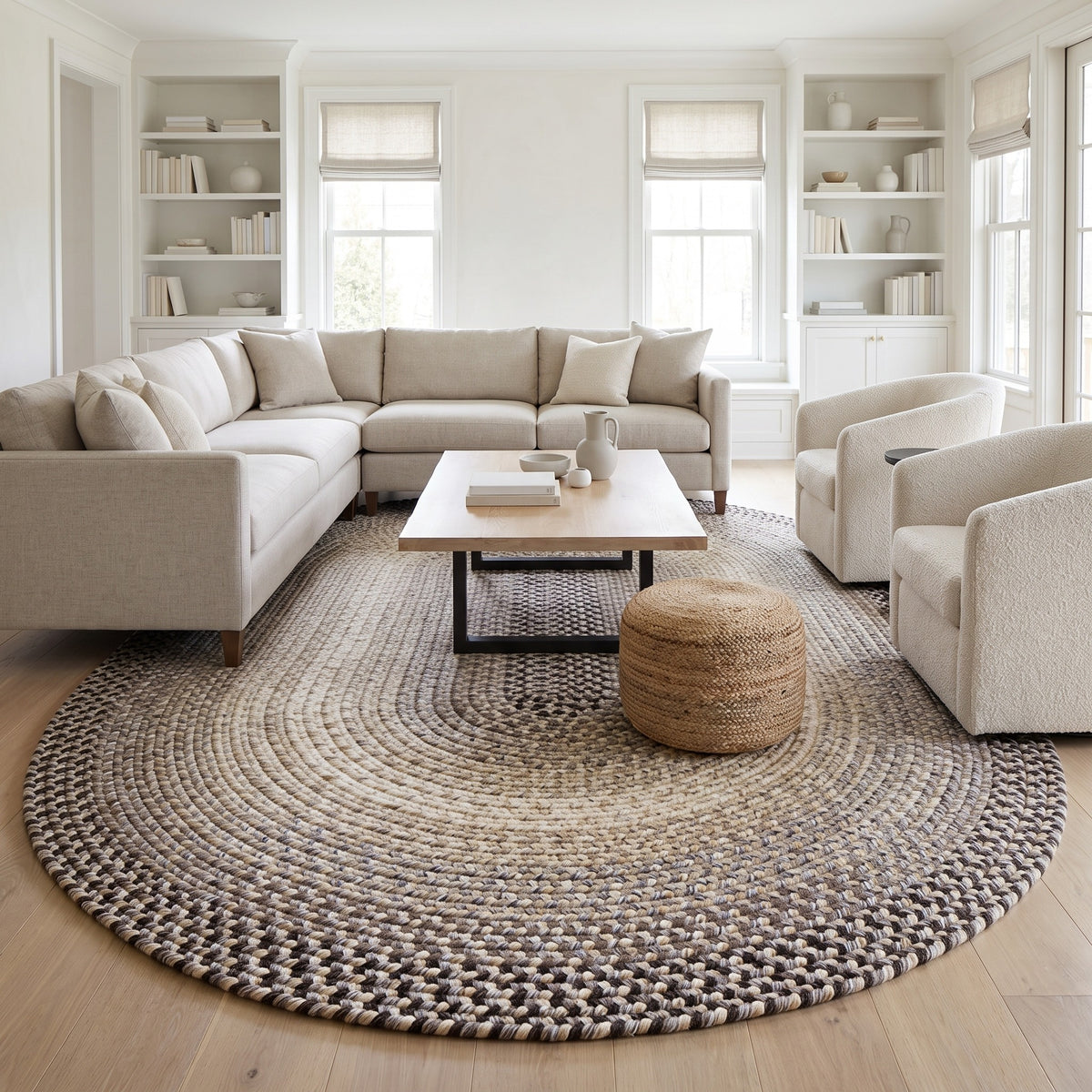 Ridgewood gray braided wool rug, 10x13 oval under a sectional sofa in a great room #Size_10' x 13' Oval