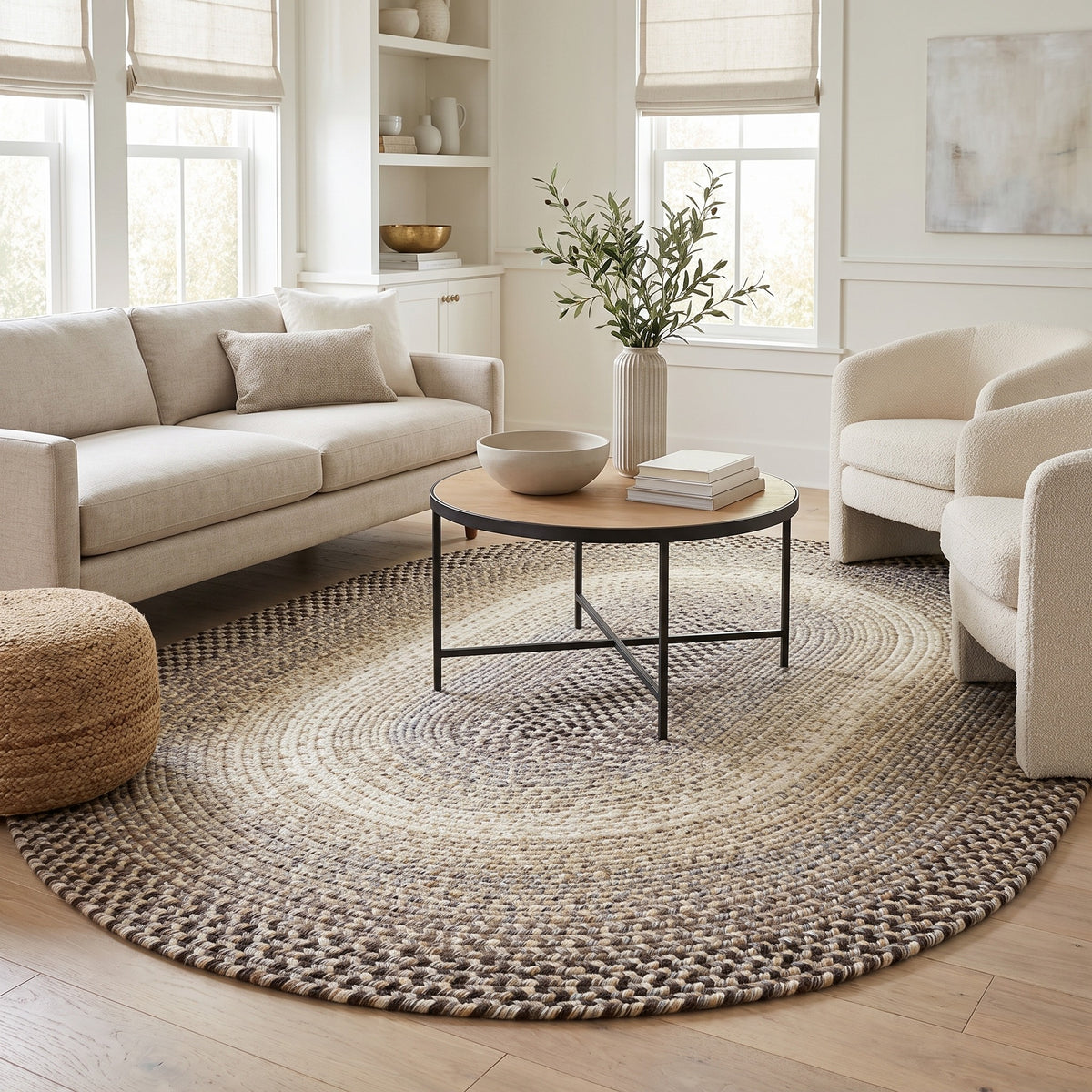 Ridgewood gray braided wool rug, 7x9 oval anchoring a sofa and two armchairs #Size_7' x 9' Oval