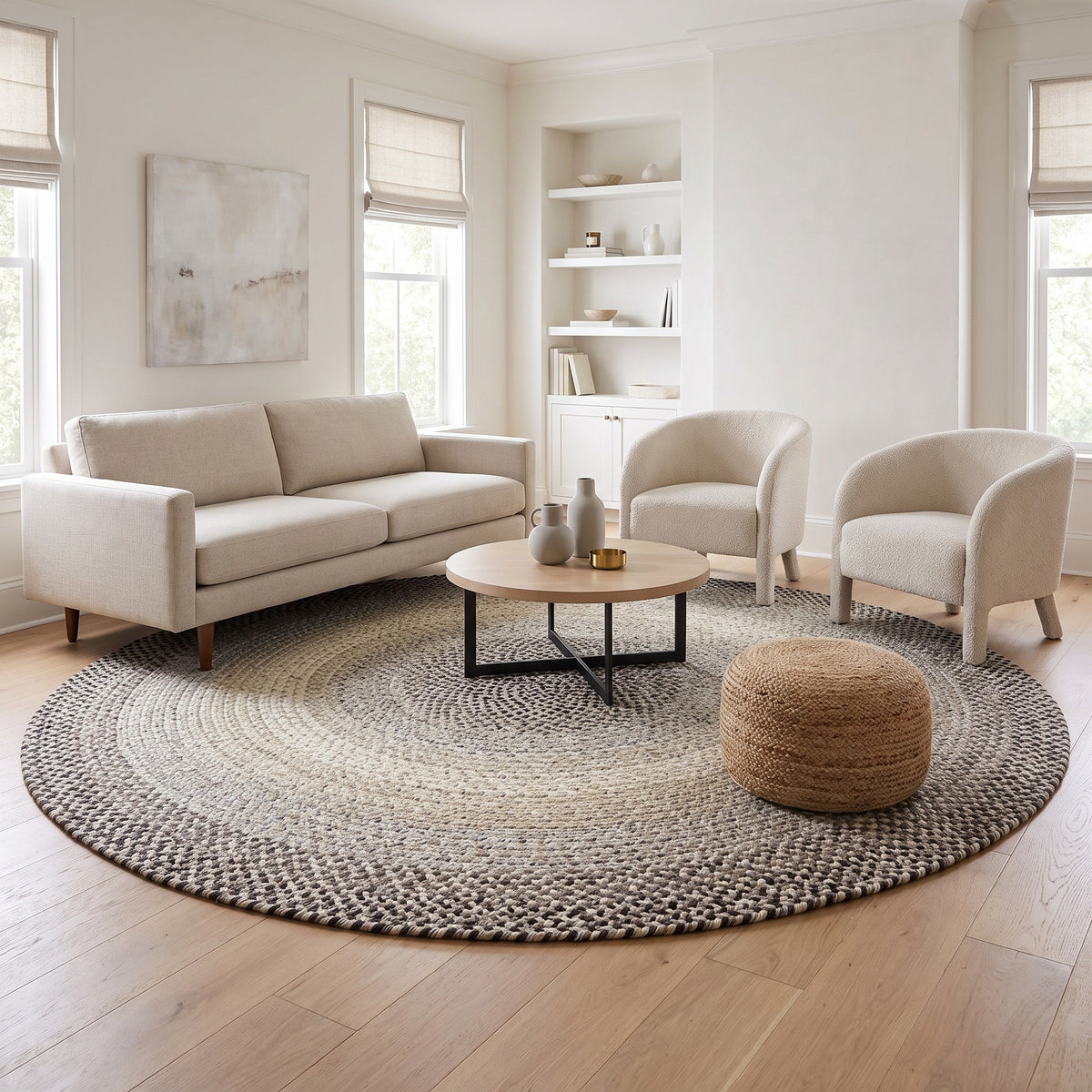 Ridgewood gray braided wool rug, 10 foot round holding a full living room seating group #Size_10' Round