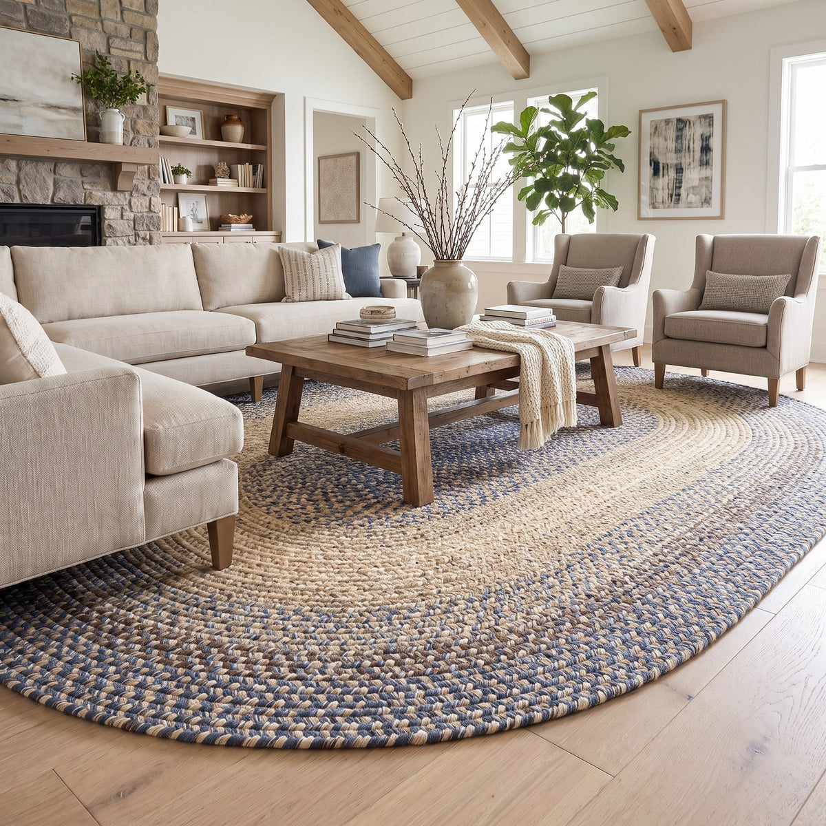 Ridgewood Blue braided rug, 10x13 oval, in a farmhouse great room #Size_10' x 13' Oval