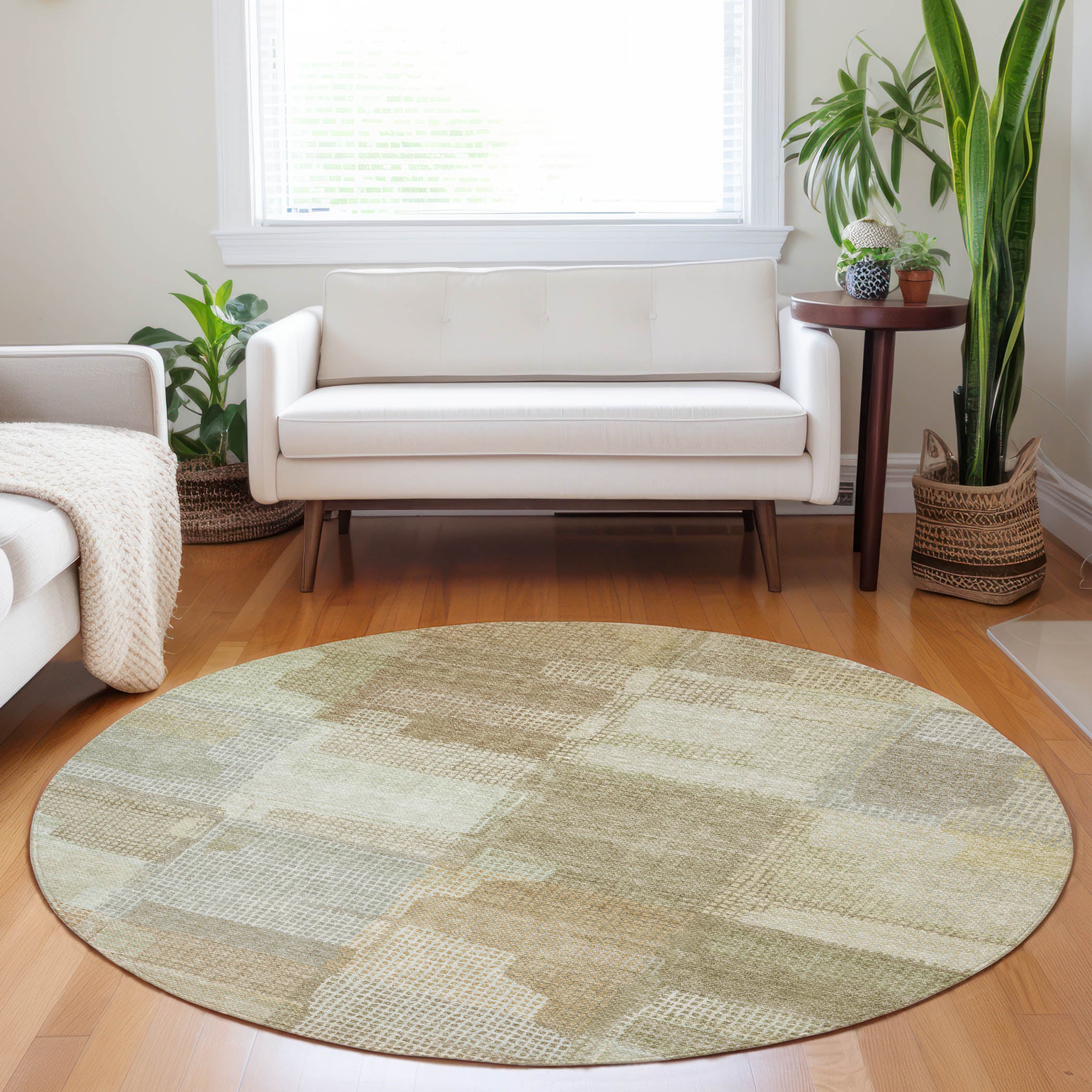 Luxury Washable Indoor/Outdoor Transitional RN10 Beige Brown Rug 8' x 8' #shape_Round