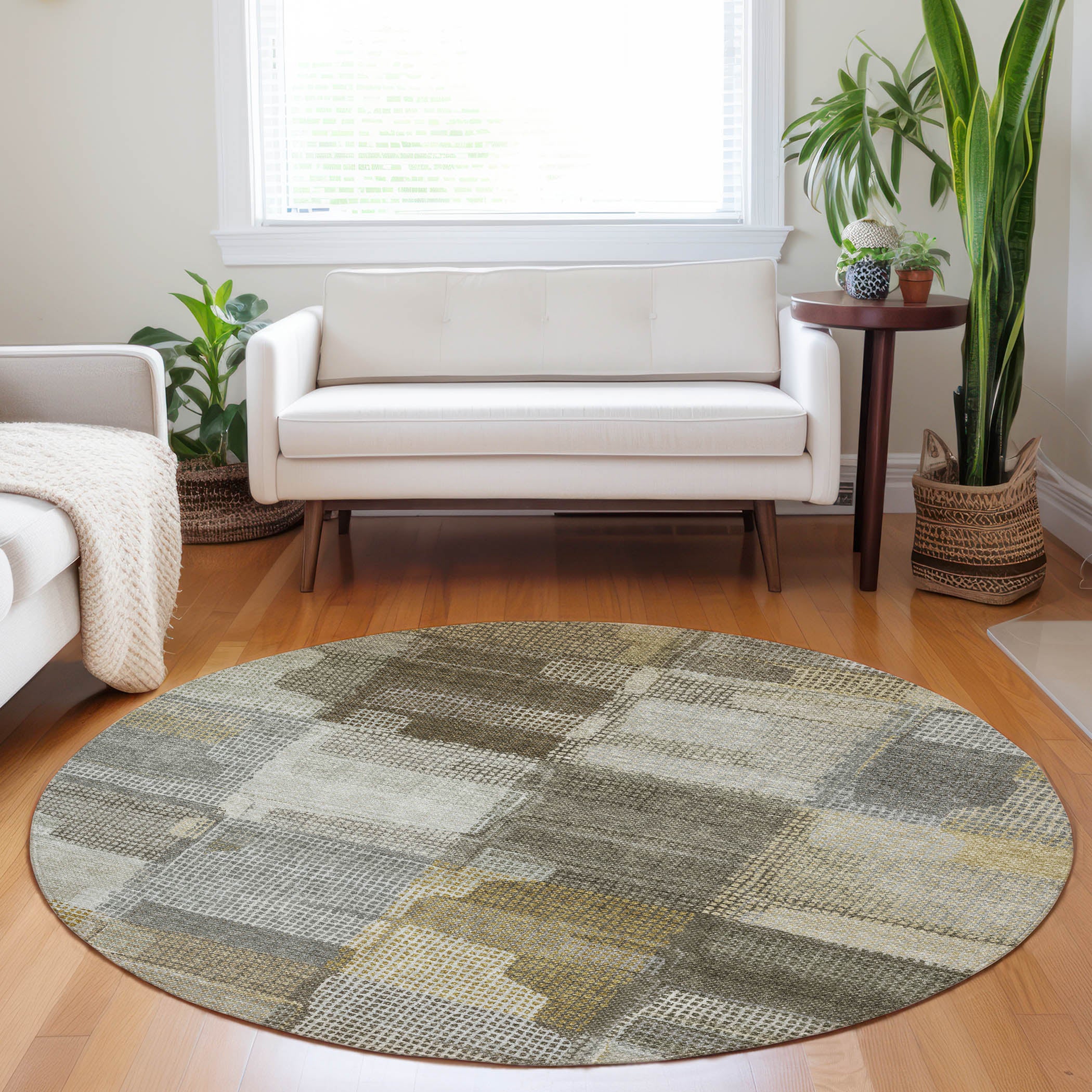 Luxury Washable Indoor/Outdoor Transitional RN10 Taupe Brown Rug 8' x 8' #shape_Round