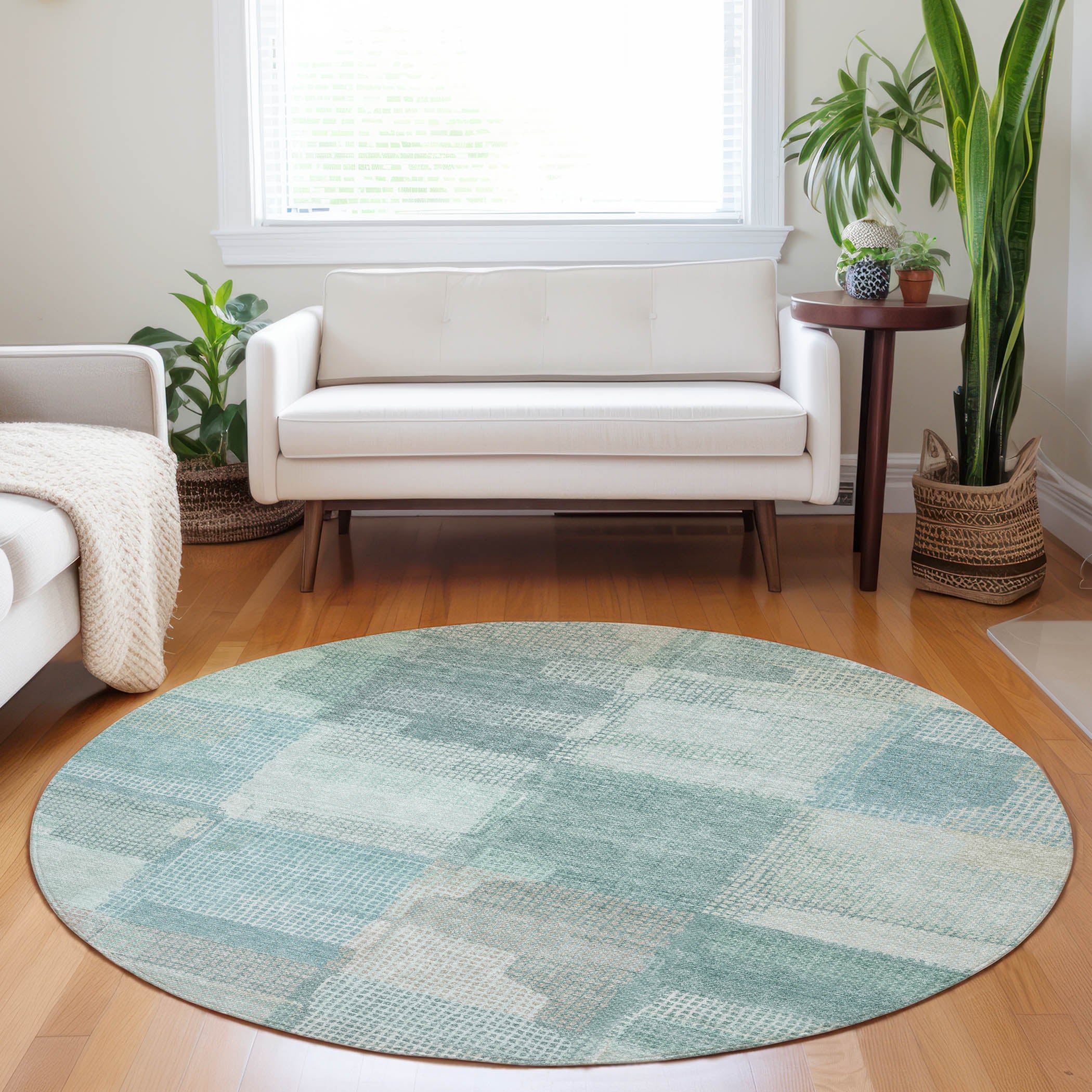 Luxury Washable Indoor/Outdoor Transitional RN10 Teal Rug 8' x 8' #shape_Round
