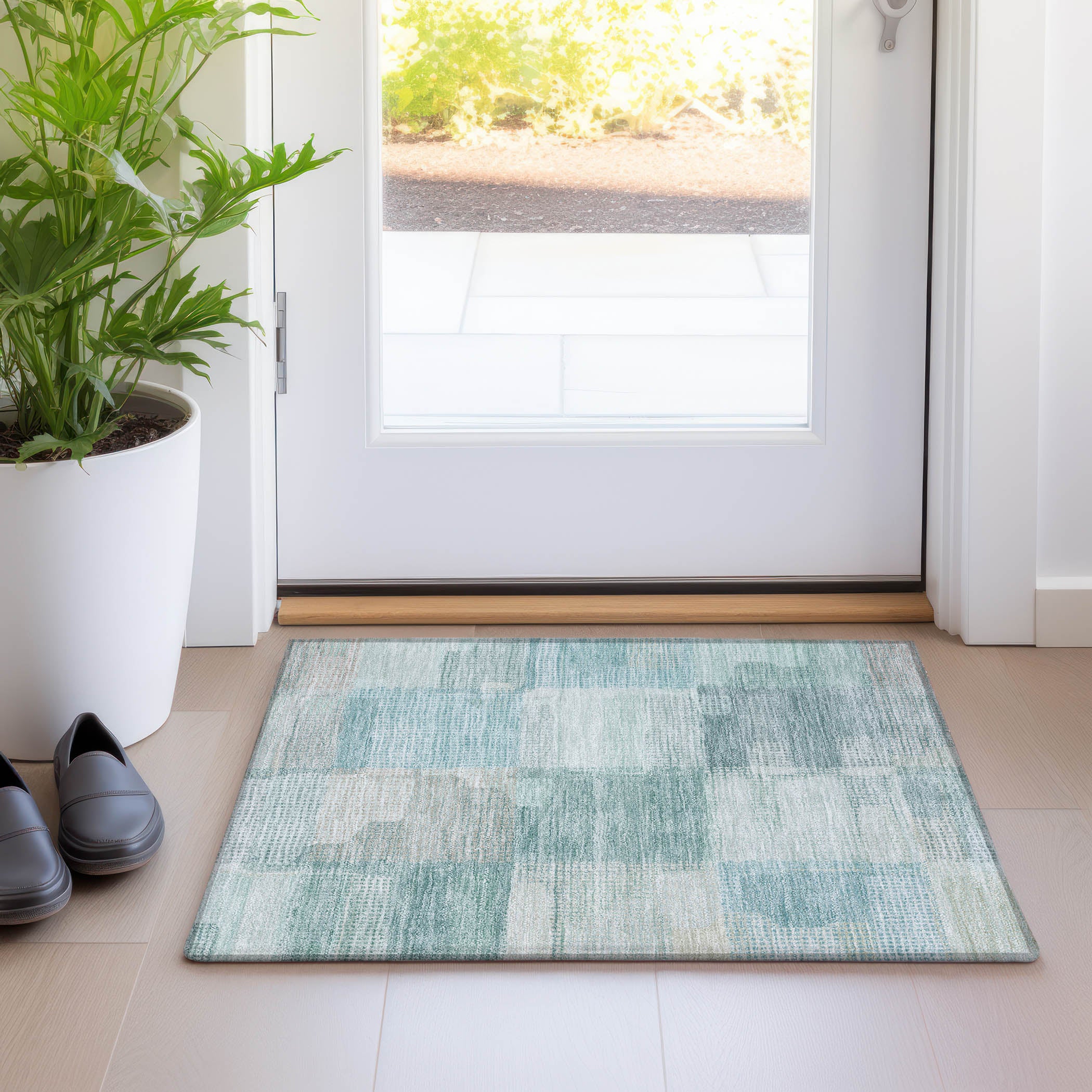 Luxury Washable Indoor/Outdoor Transitional RN10 Teal Rug 1'8" x 2'6" #shape_Rectangle