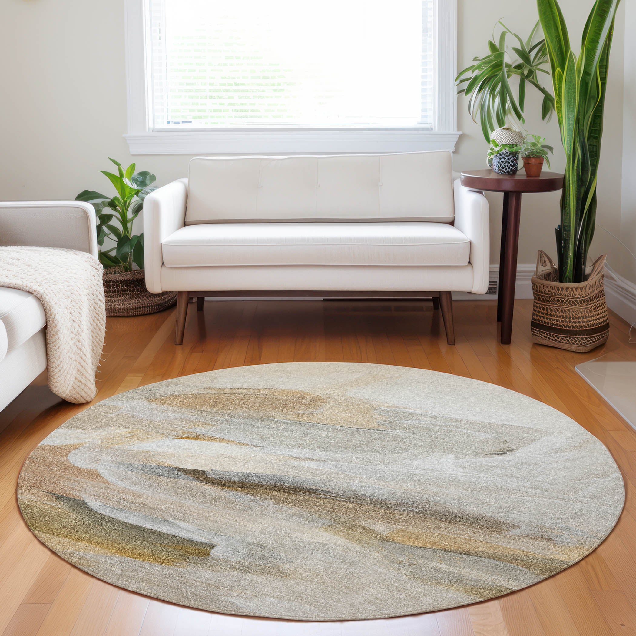 Luxury Washable Indoor/Outdoor Transitional RN11 Taupe Brown Rug 8' x 8' #shape_Round