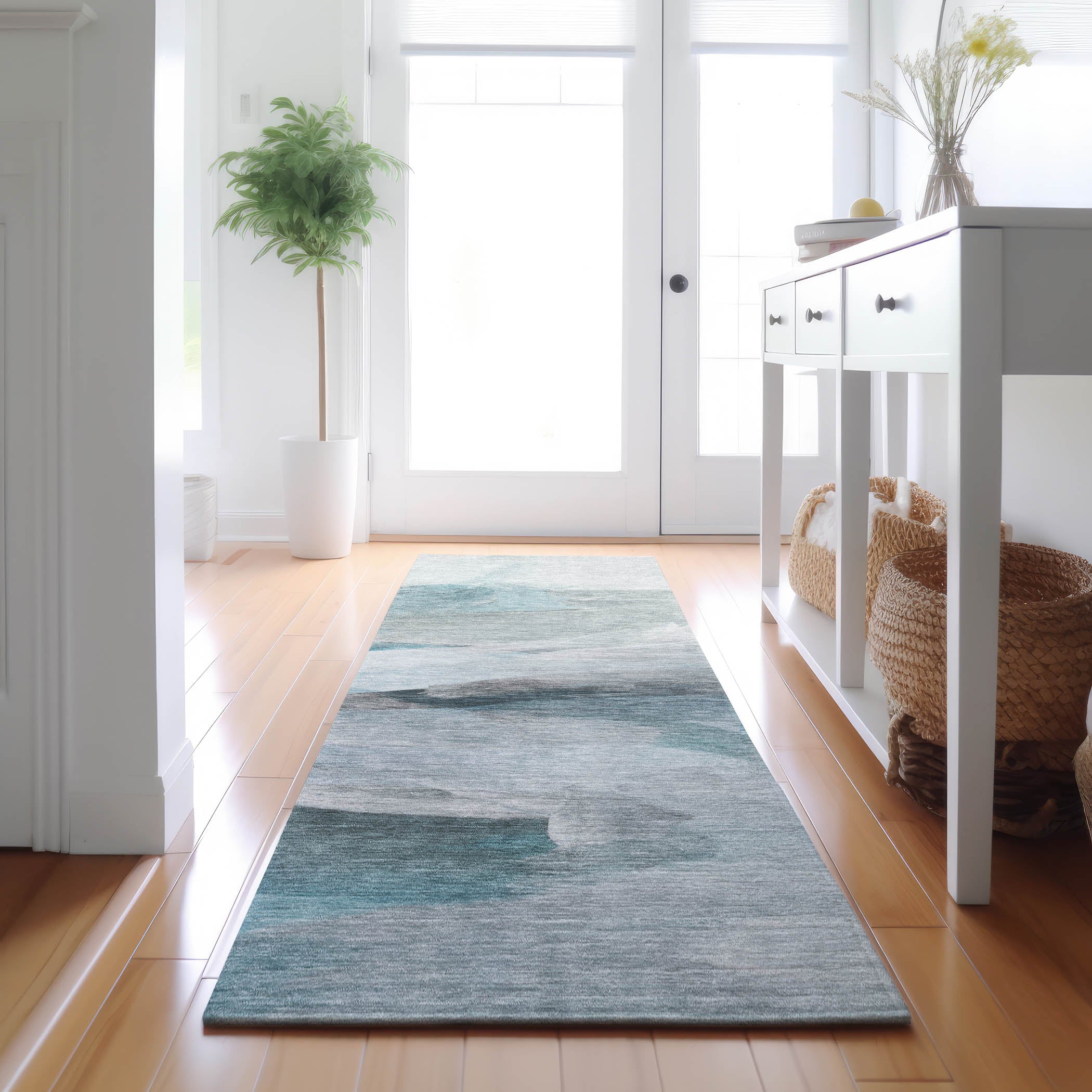 Luxury Washable Indoor/Outdoor Transitional RN11 Teal Rug 2'3" x 7'6" #shape_Runner