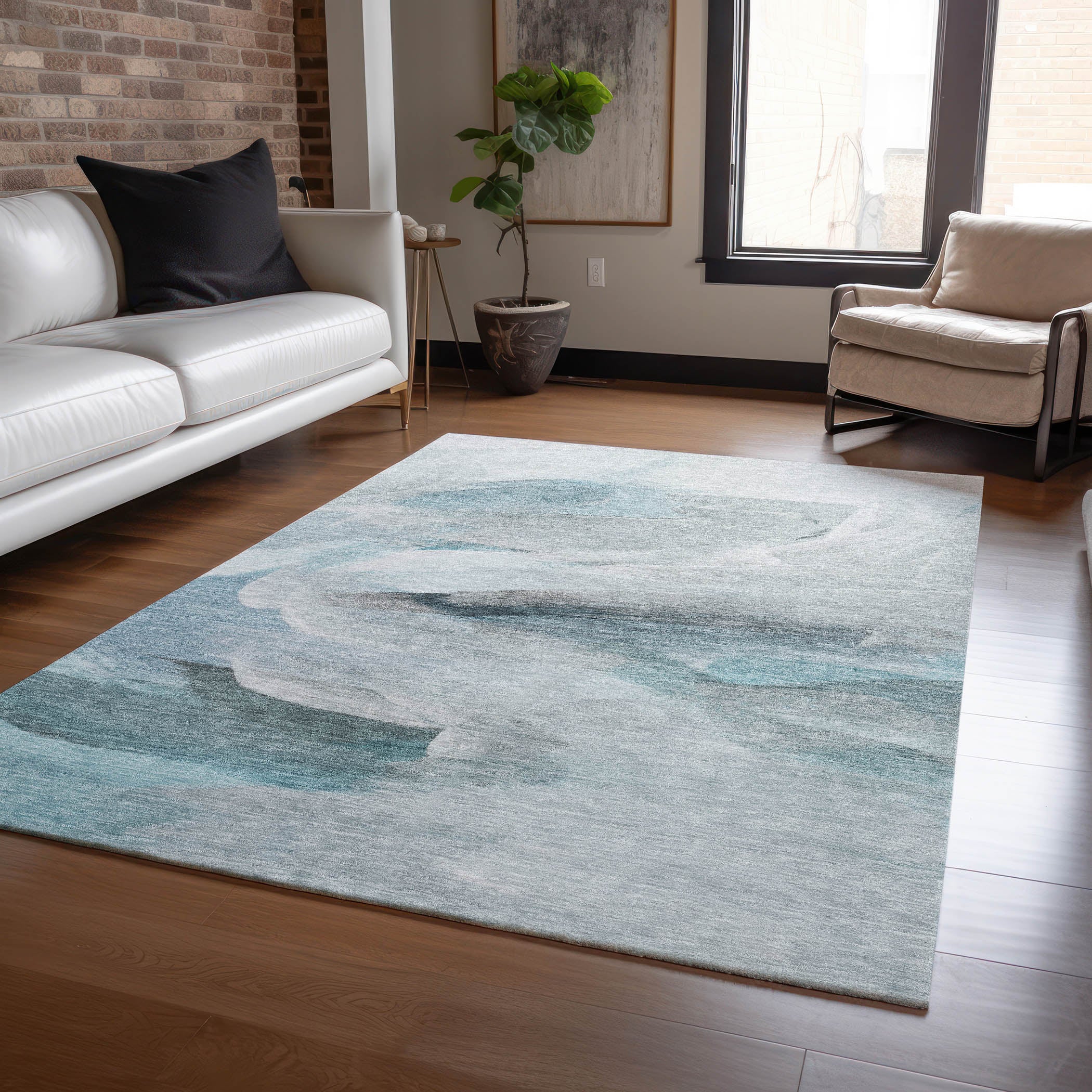 Luxury Washable Indoor/Outdoor Transitional RN11 Teal Rug 2'6" x 3'10" #shape_Rectangle