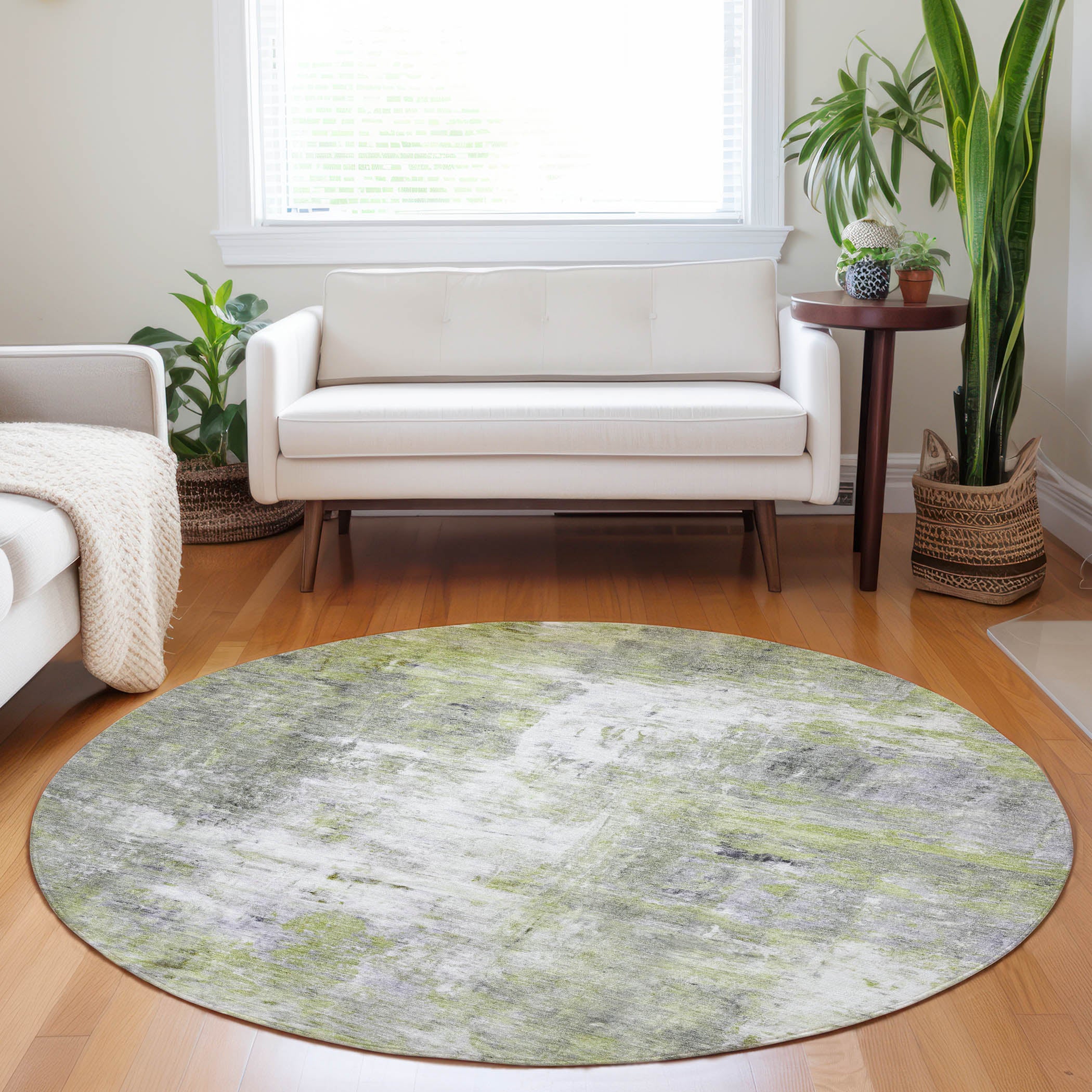 Luxury Washable Indoor/Outdoor Transitional RN1 Aloe Green Rug 8' x 8' #shape_Round