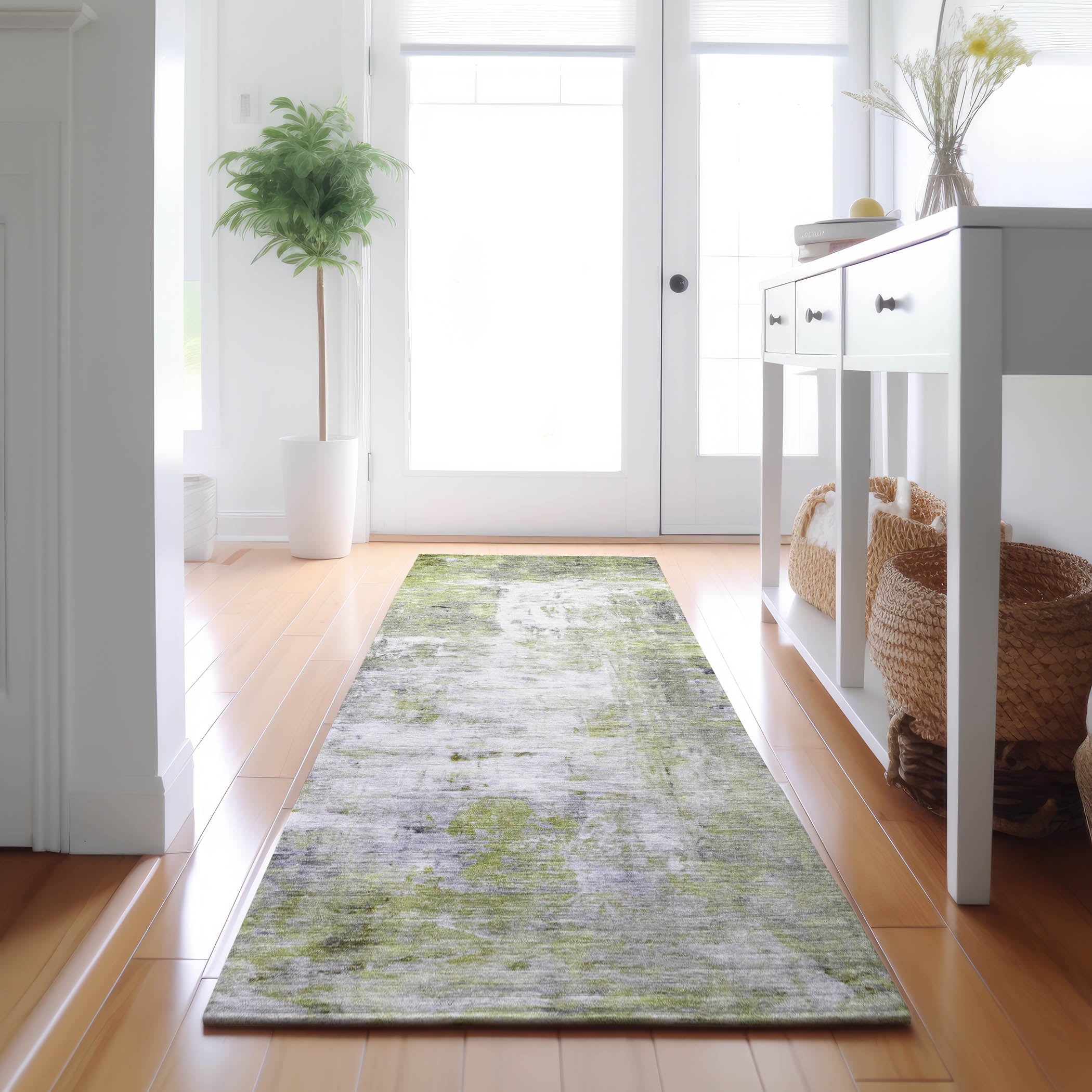 Luxury Washable Indoor/Outdoor Transitional RN1 Aloe Green Rug 2'3" x 7'6" #shape_Runner