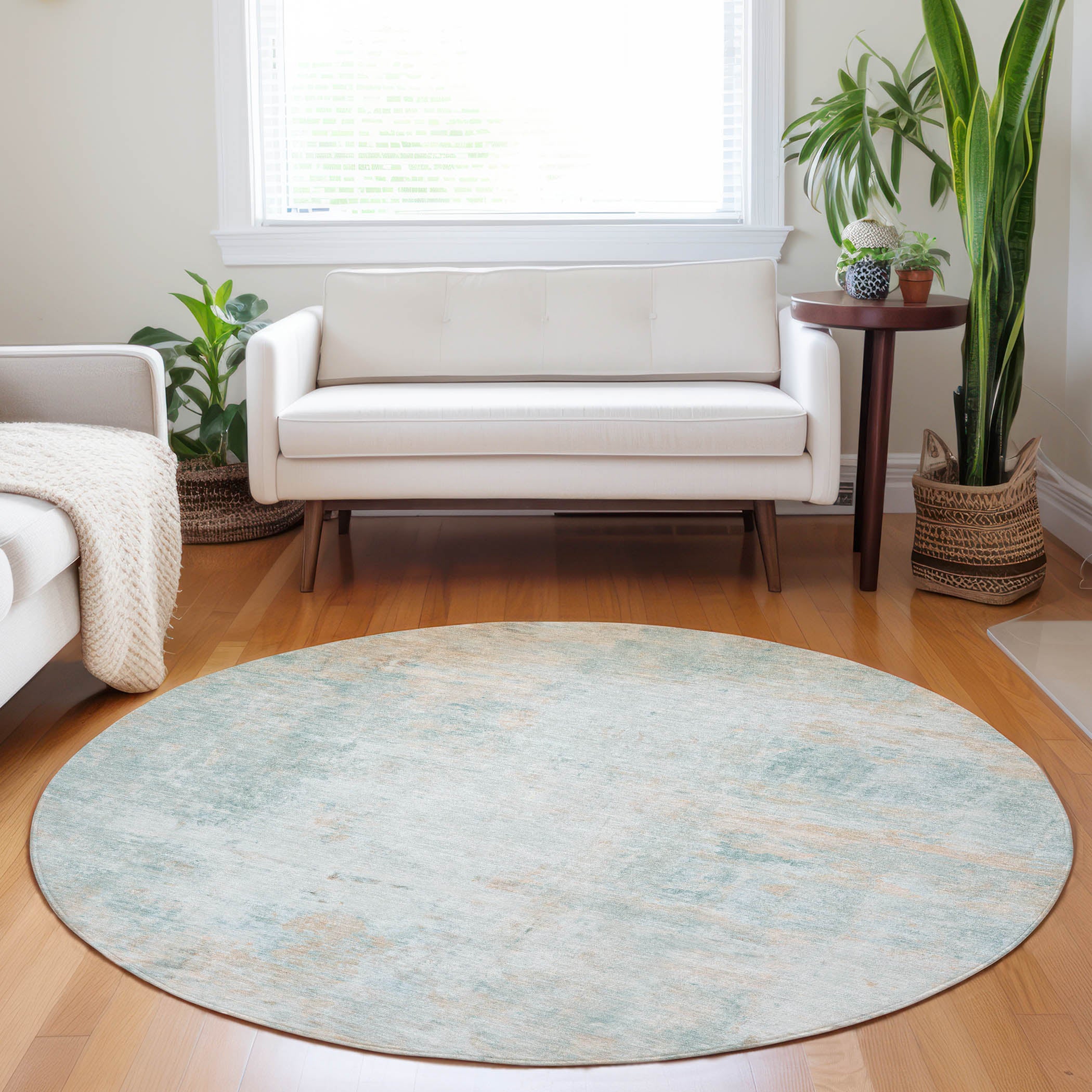 Luxury Washable Indoor/Outdoor Transitional RN1 Seafoam Blue Rug 8' x 8' #shape_Round