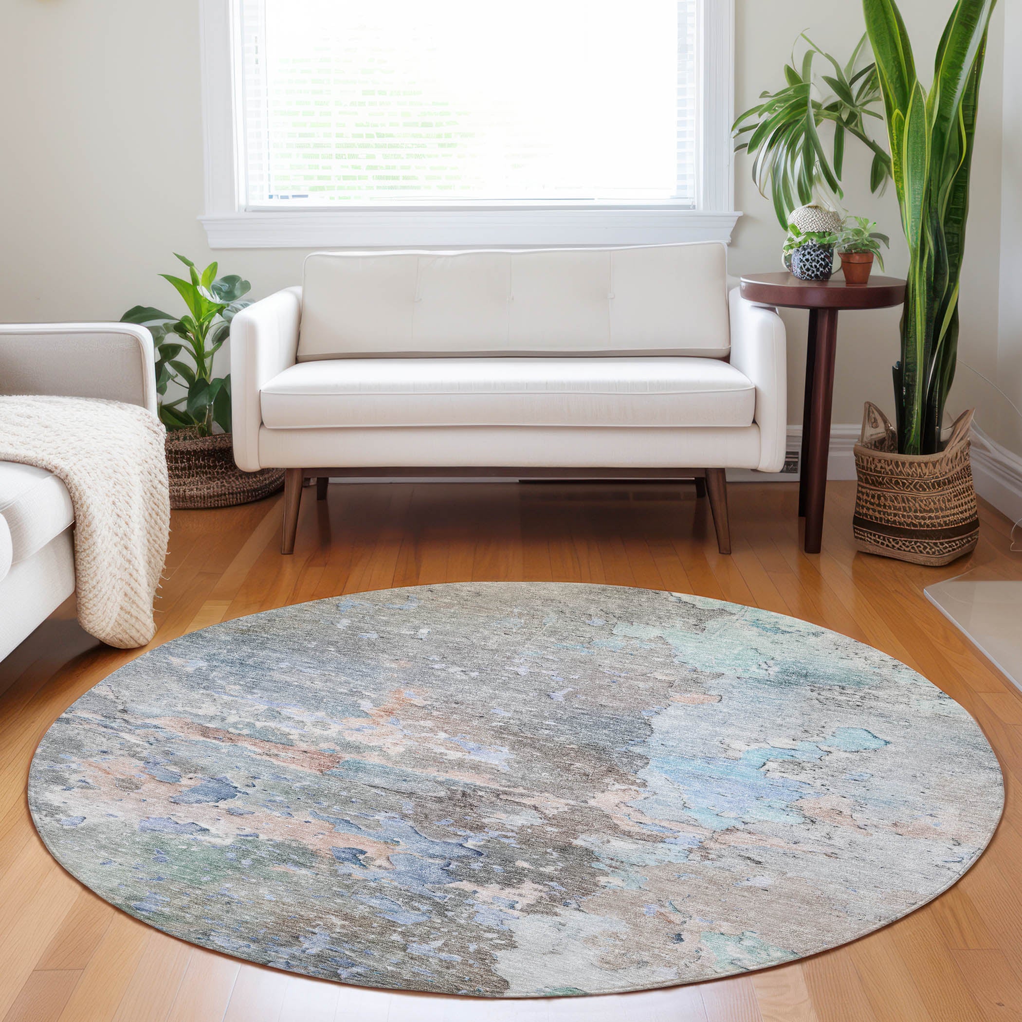 Luxury Washable Indoor/Outdoor Transitional RN3 Taupe Brown Rug 8' x 8' #shape_Round