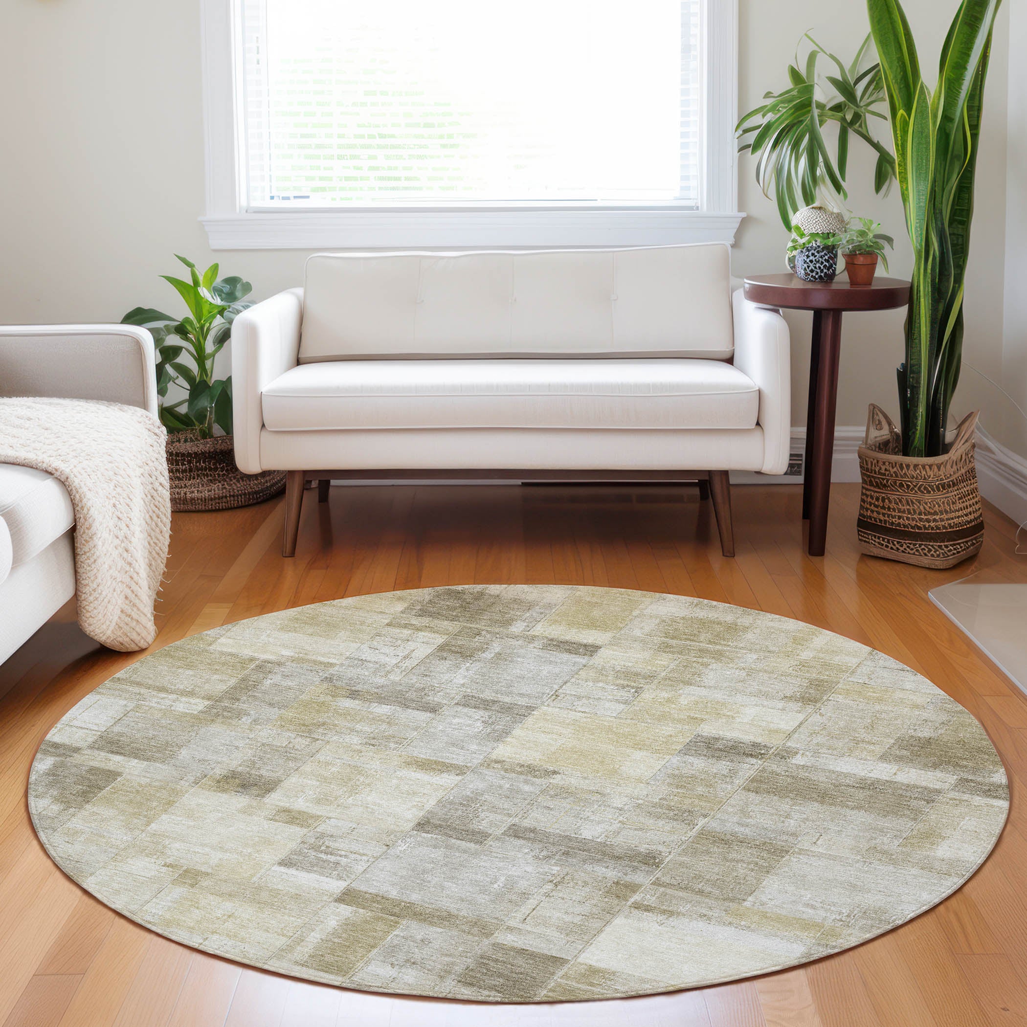 Luxury Washable Indoor/Outdoor Transitional RN4 Beige Brown Rug 8' x 8' #shape_Round
