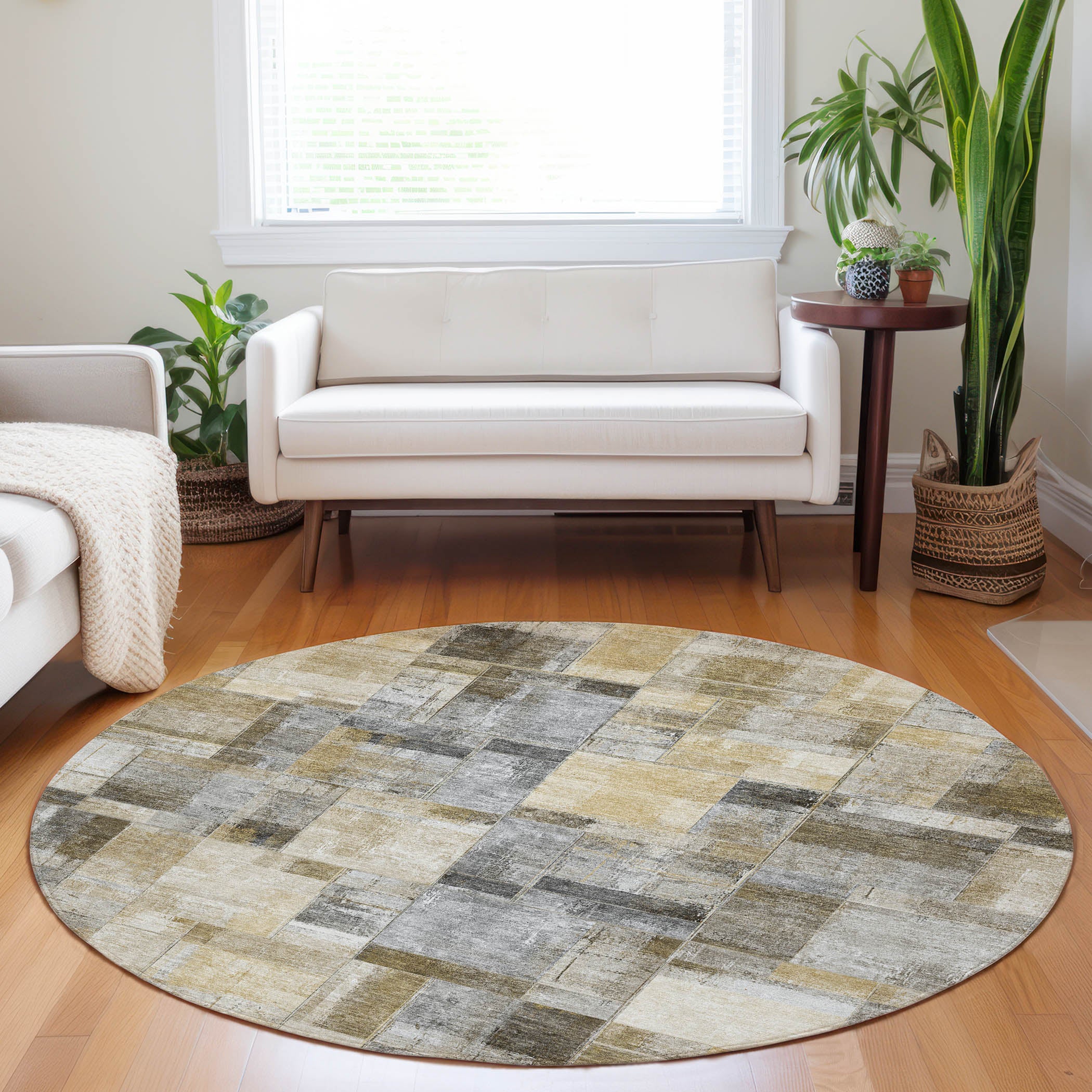 Luxury Washable Indoor/Outdoor Transitional RN4 Granite Gray Rug 8' x 8' #shape_Round