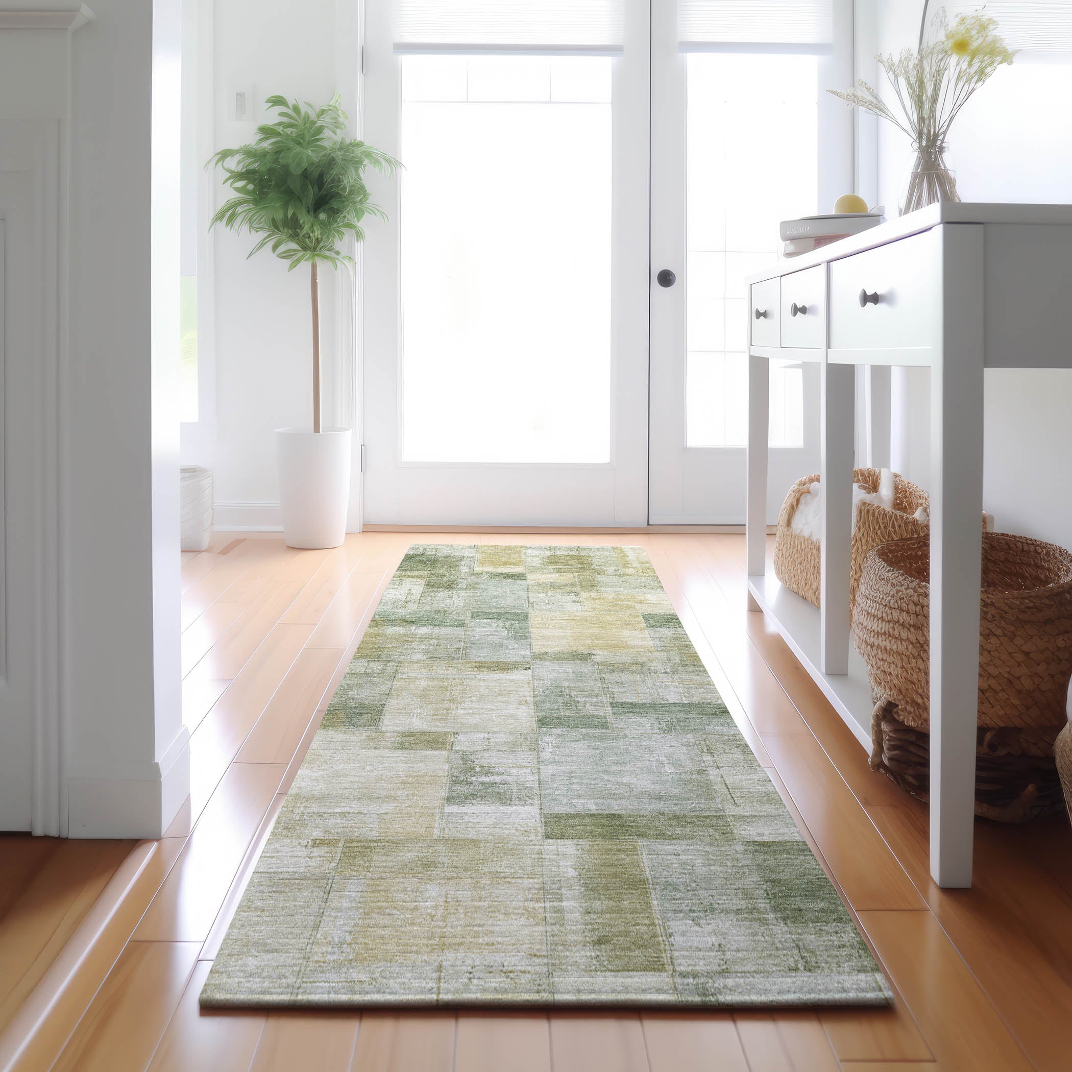 Luxury Washable Indoor/Outdoor Transitional RN4 Sage Green Rug 2'3" x 7'6" #shape_Runner