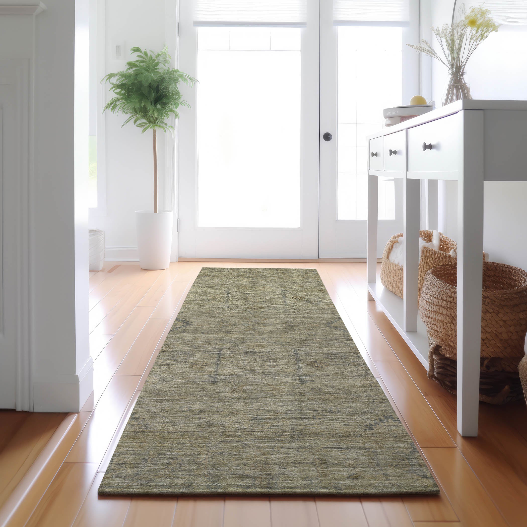 Luxury Washable Indoor/Outdoor Transitional RN5 Khaki Brown Rug 2'3" x 7'6" #shape_Runner