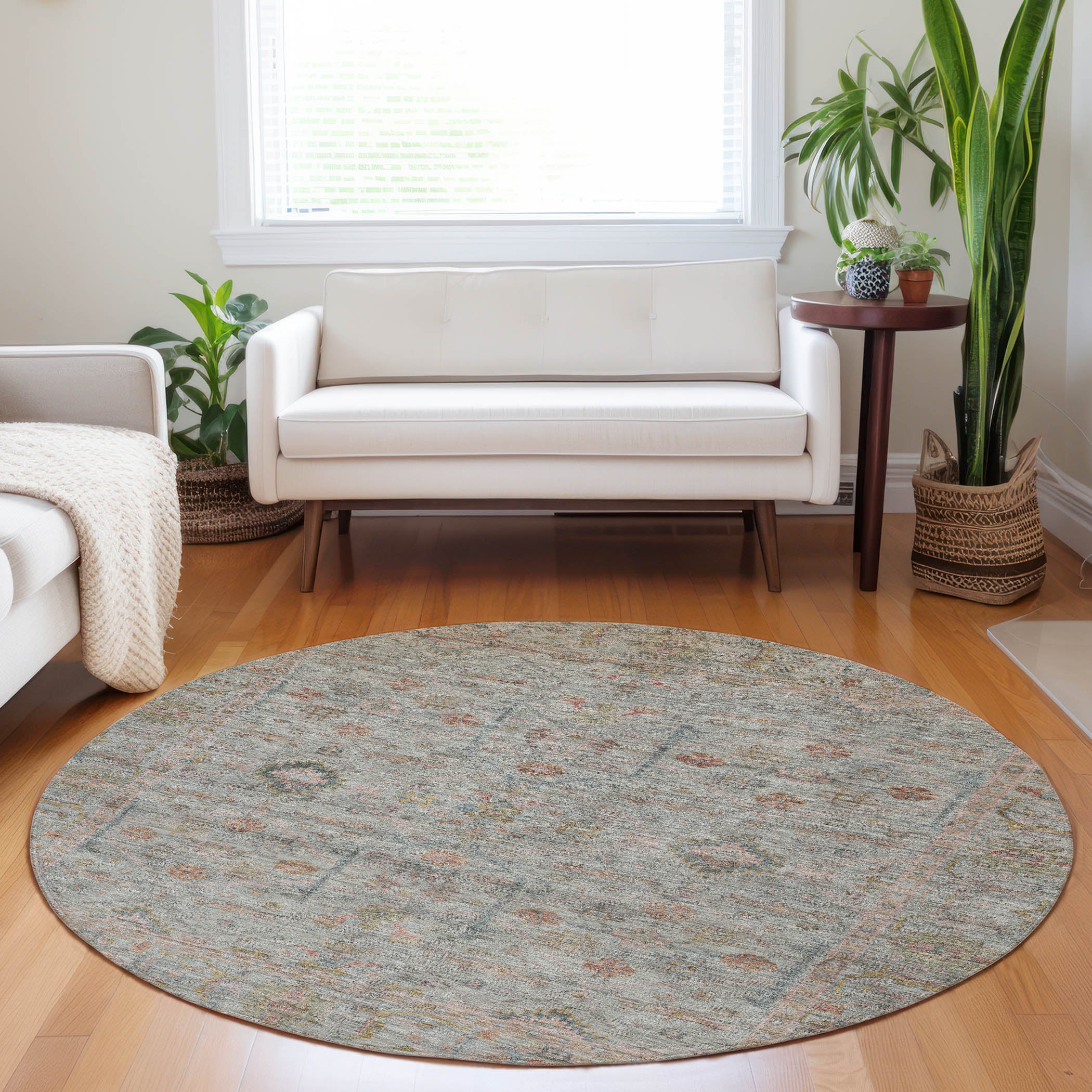 Luxury Washable Indoor/Outdoor Transitional RN5 Taupe Brown Rug 8' x 8' #shape_Round