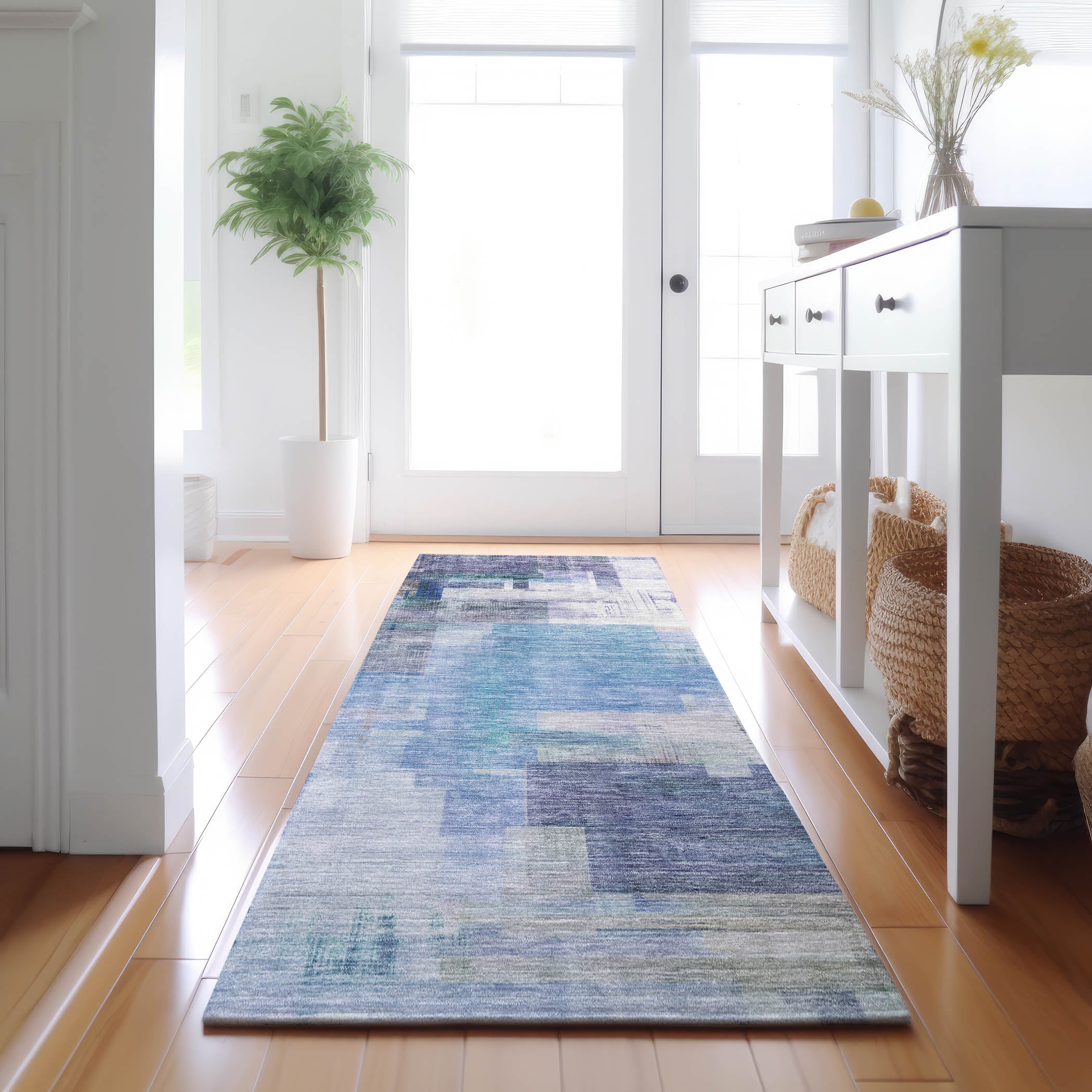 Luxury Washable Indoor/Outdoor Transitional RN6 Blue Rug 2'3" x 7'6" #shape_Runner