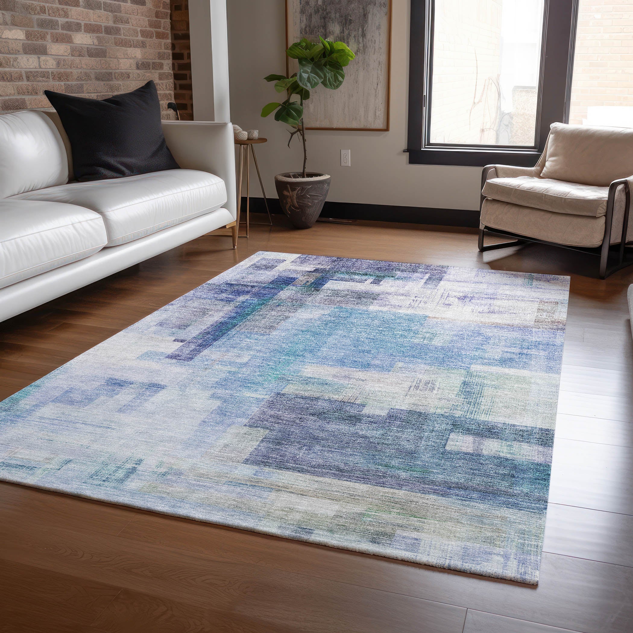 Luxury Washable Indoor/Outdoor Transitional RN6 Blue Rug 2'6" x 3'10" #shape_Rectangle