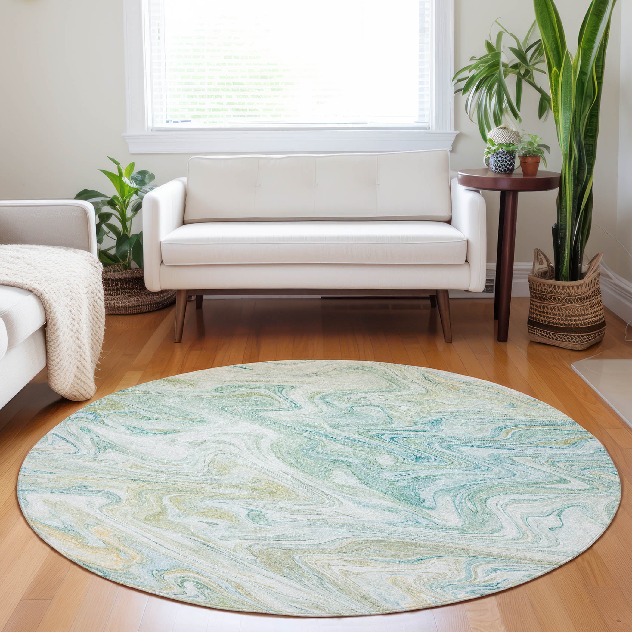 Luxury Washable Indoor/Outdoor Transitional RN8 Sky Blue Rug 8' x 8' #shape_Round