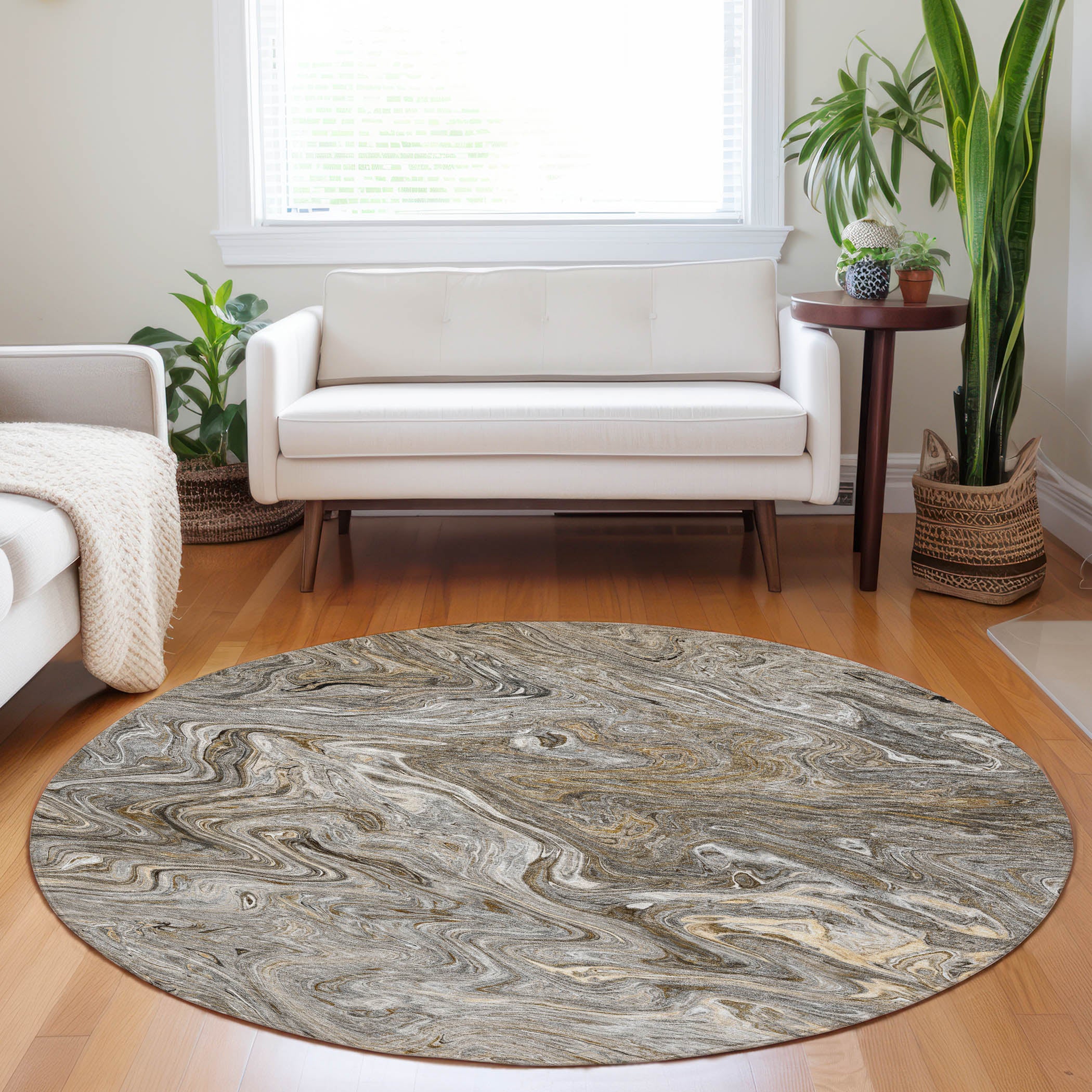 Luxury Washable Indoor/Outdoor Transitional RN8 Taupe Brown Rug 8' x 8' #shape_Round