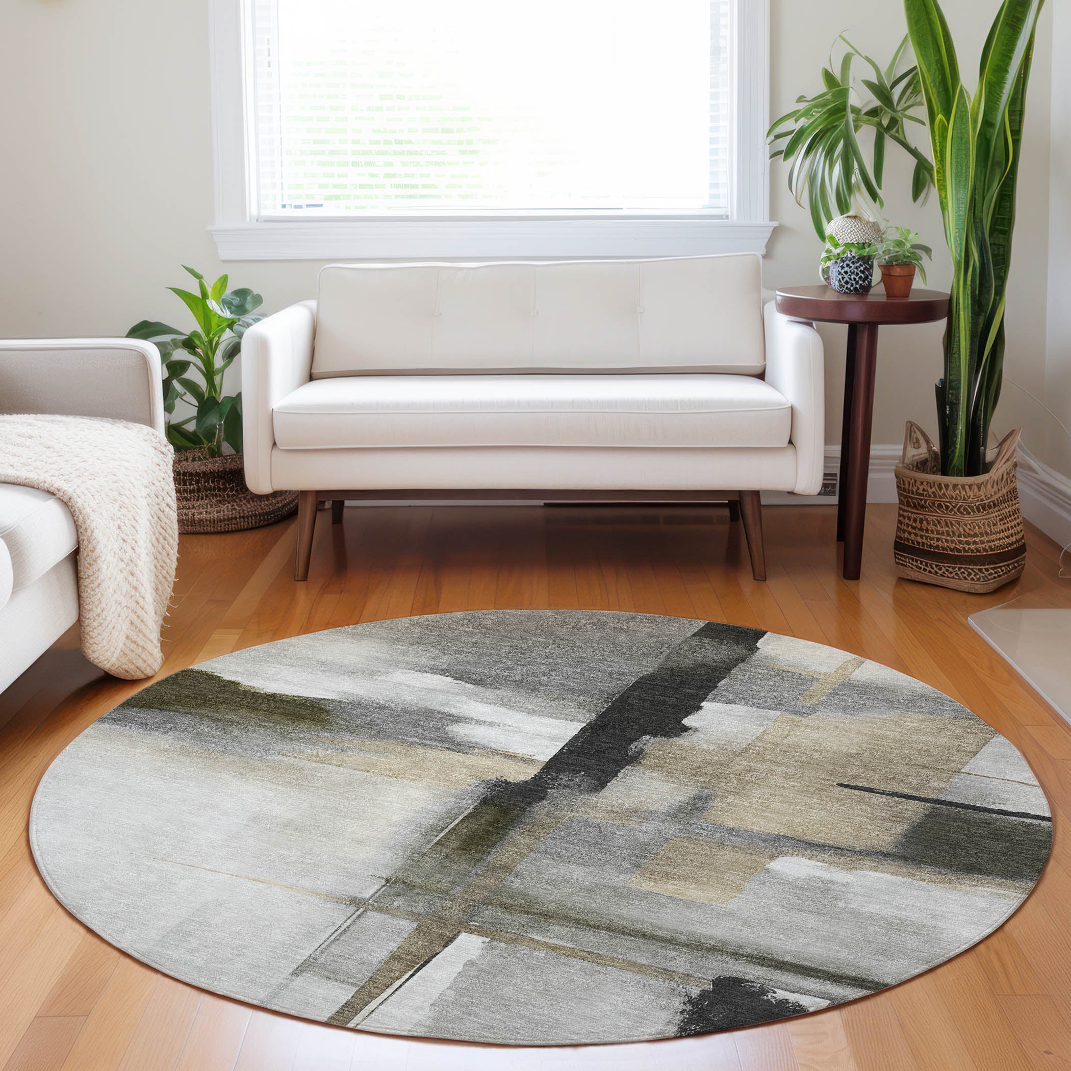 Luxury Washable Indoor/Outdoor Transitional RN9 Gray Rug 8' x 8' #shape_Round