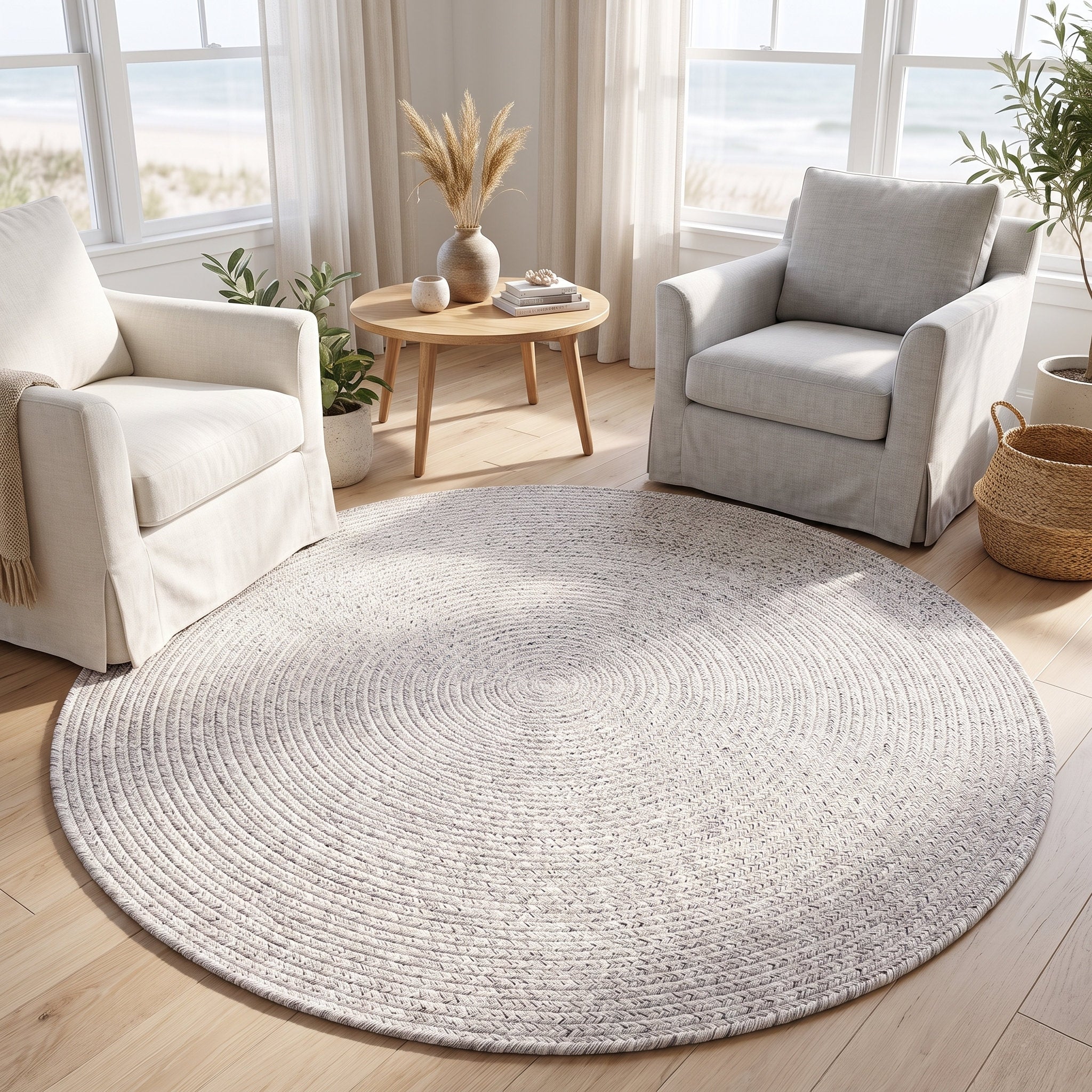 Angier Braided Indoor/Outdoor Rug - Ivory / Gray Round 5' Round #shape_Round