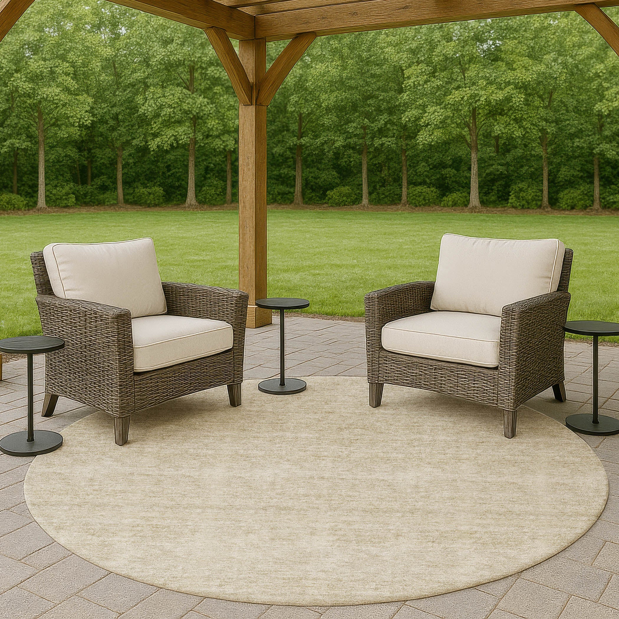 Luxury Washable Indoor/Outdoor Transitional SE1 Beige Brown Rug 8' x 8' #shape_Round