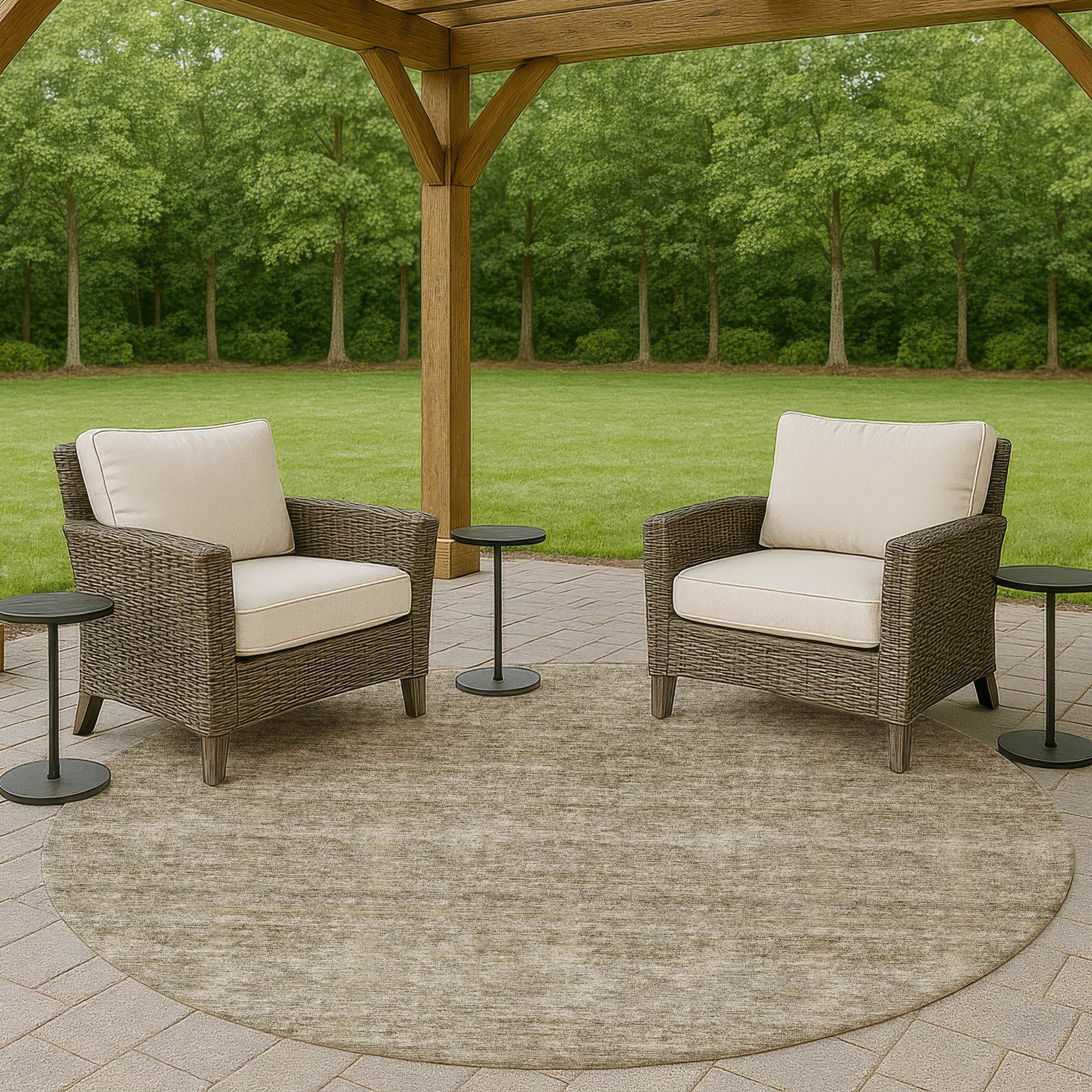 Luxury Washable Indoor/Outdoor Transitional SE1 Flax Ivory Rug 8' x 8' #shape_Round