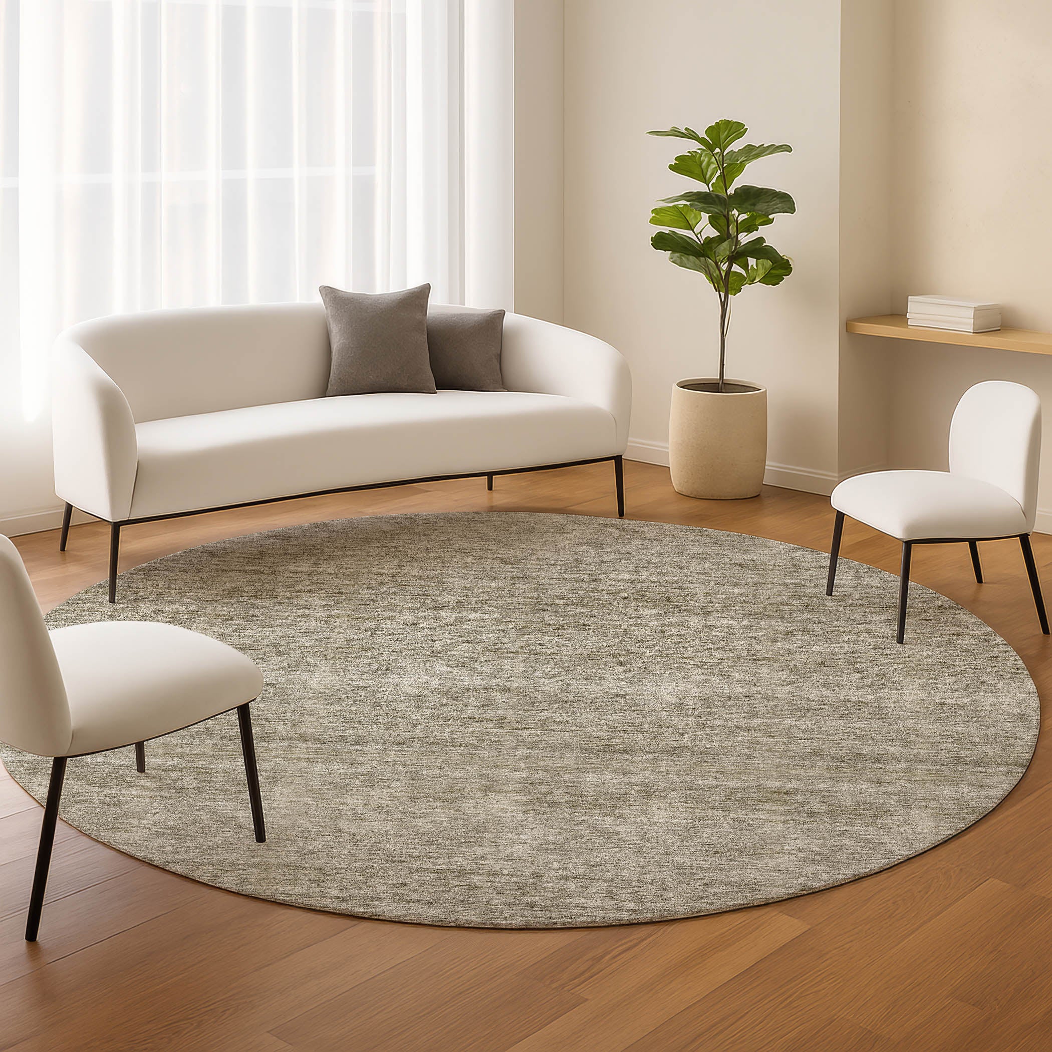 Luxury Washable Indoor/Outdoor Transitional SE1 Flax Ivory Rug 8' x 8' #shape_Round