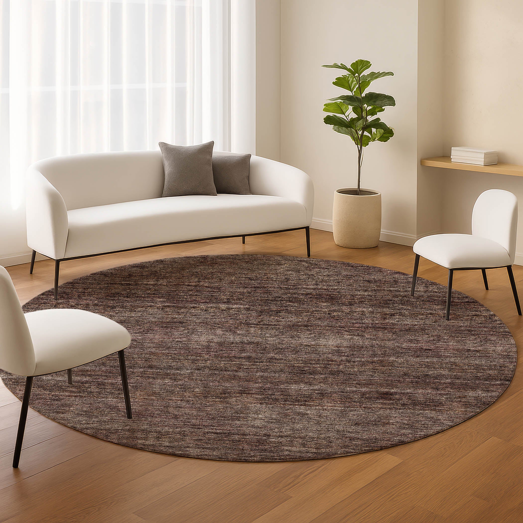 Luxury Washable Indoor/Outdoor Transitional SE1 Fudge Brown Rug 8' x 8' #shape_Round