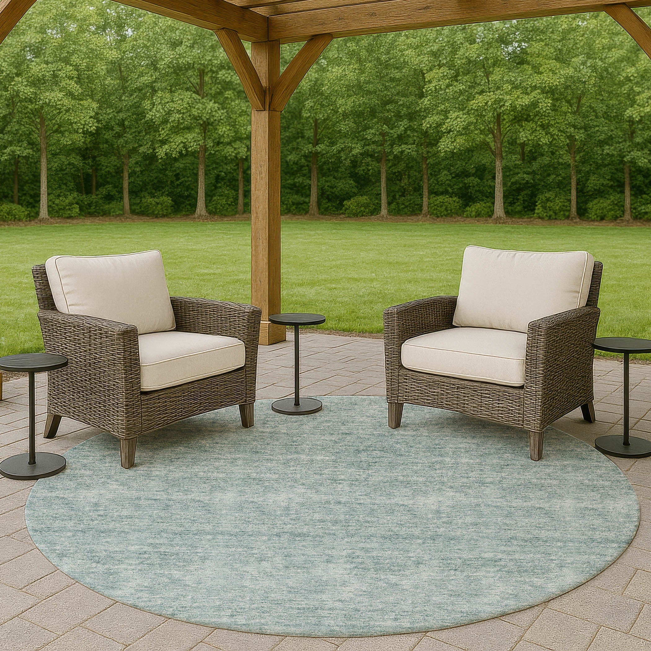 Luxury Washable Indoor/Outdoor Transitional SE1 Sky Blue Rug 8' x 8' #shape_Round