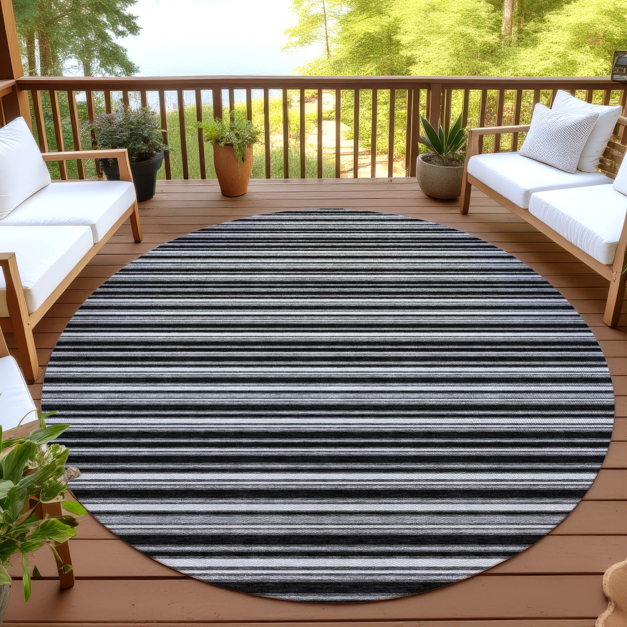 Luxury Washable Indoor/Outdoor Transitional SE2 Black Rug 8' x 8' #shape_Round