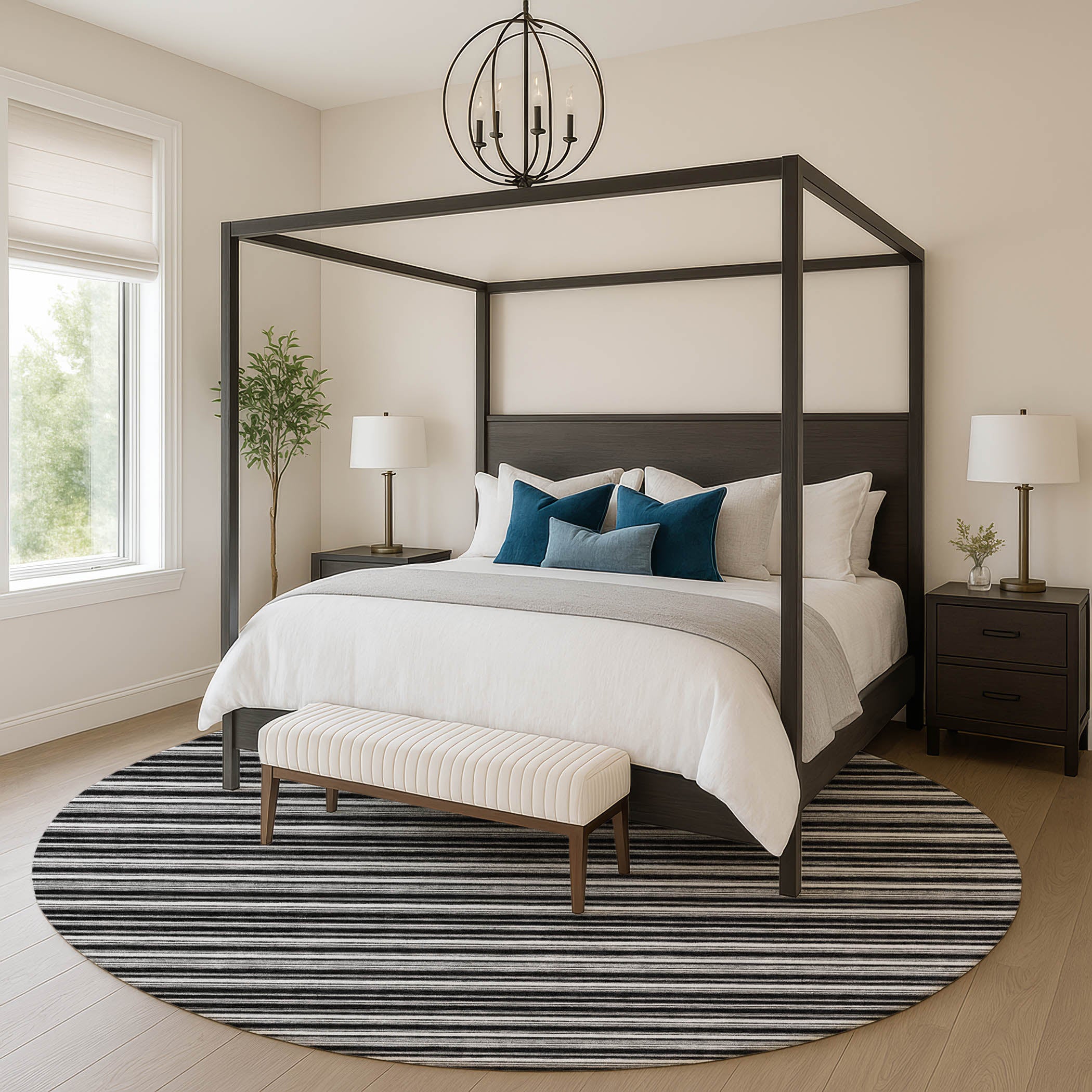 Luxury Washable Indoor/Outdoor Transitional SE2 Black Rug 8' x 8' #shape_Round