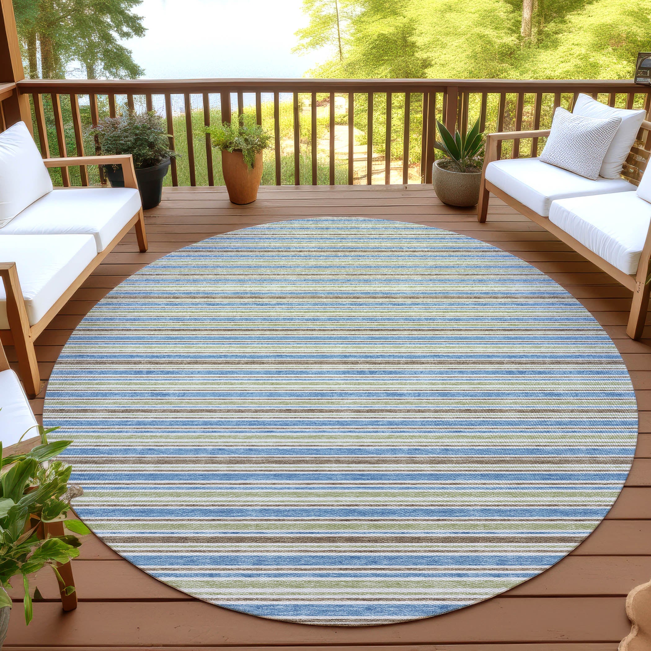 Luxury Washable Indoor/Outdoor Transitional SE2 Blue Rug 8' x 8' #shape_Round