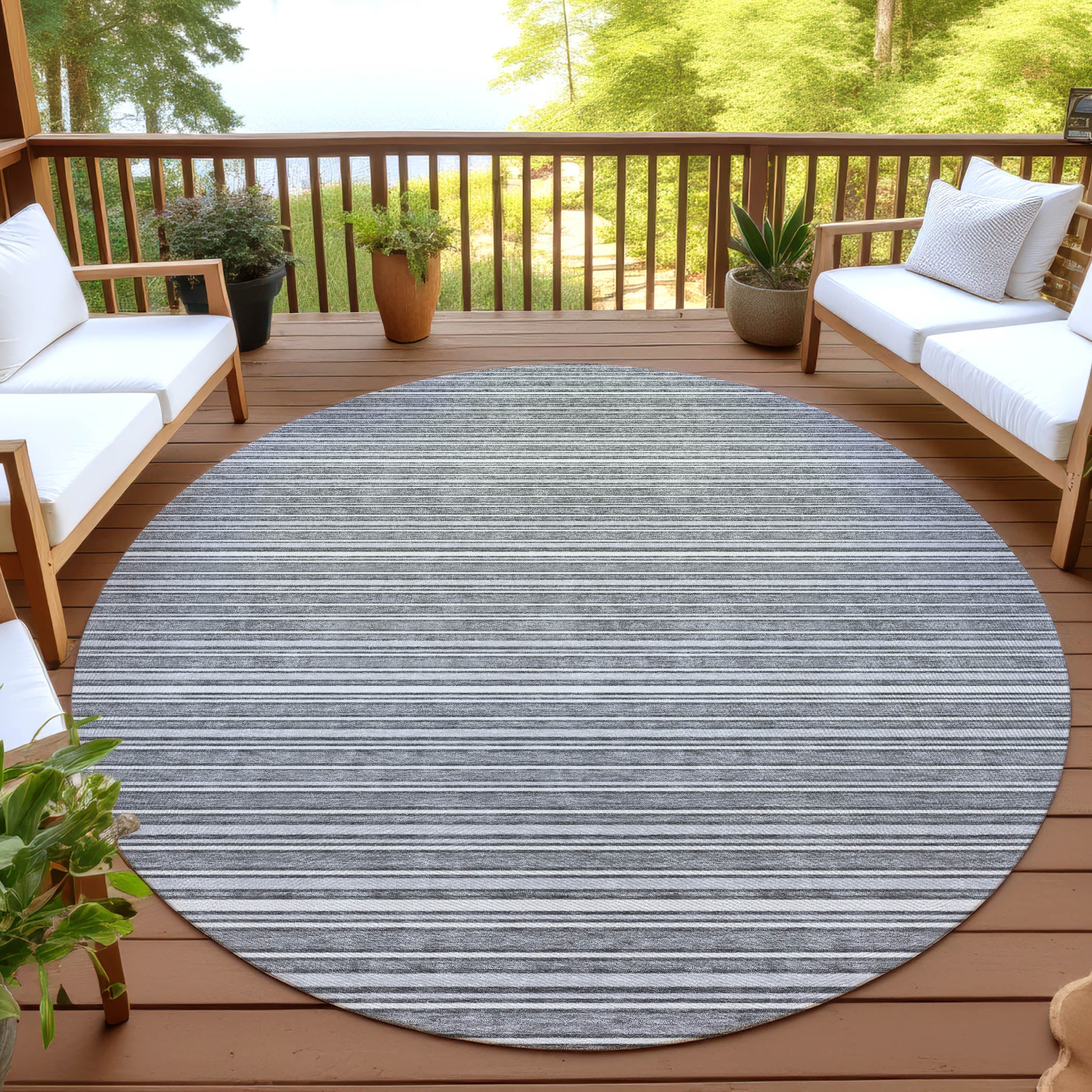 Luxury Washable Indoor/Outdoor Transitional SE2 Gray Rug 8' x 8' #shape_Round
