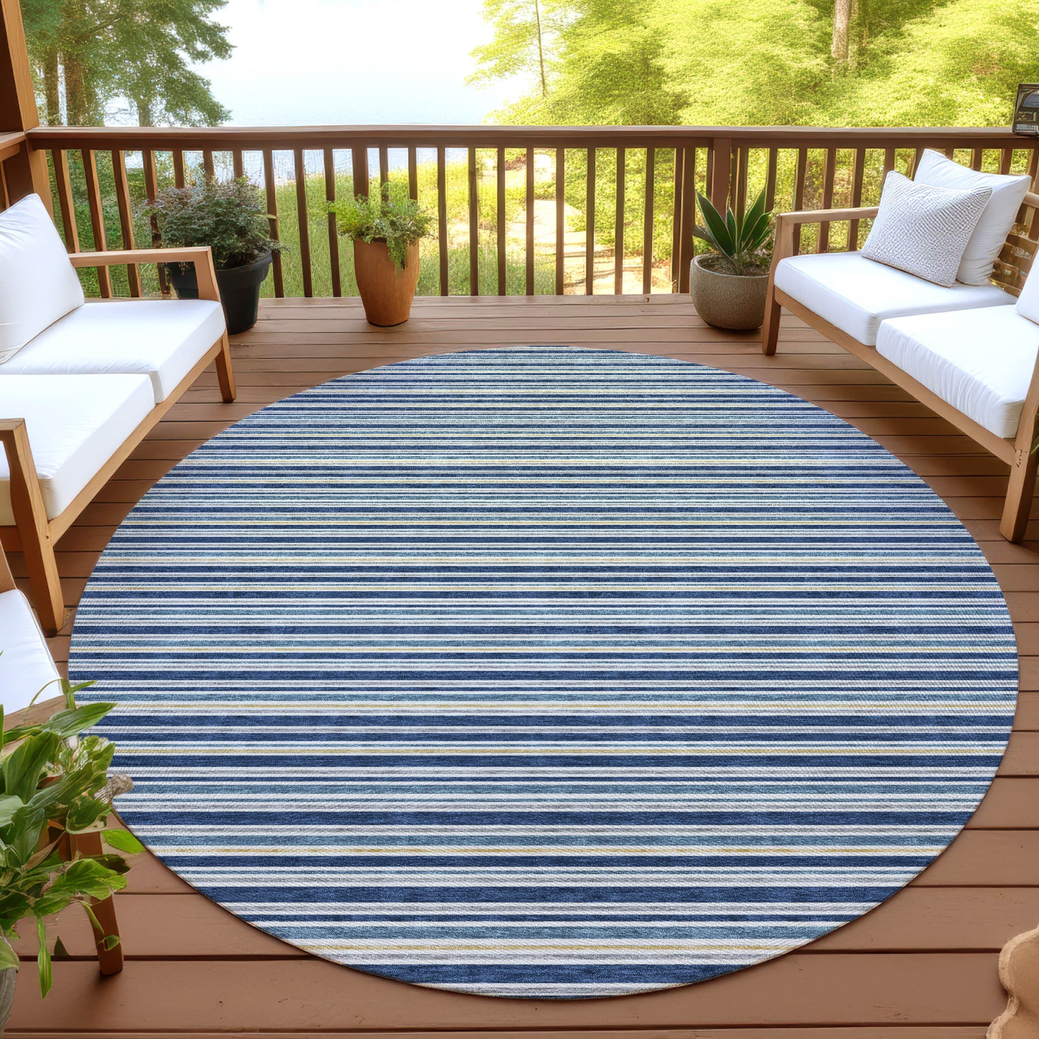 Luxury Washable Indoor/Outdoor Transitional SE2 Navy Blue Rug 8' x 8' #shape_Round