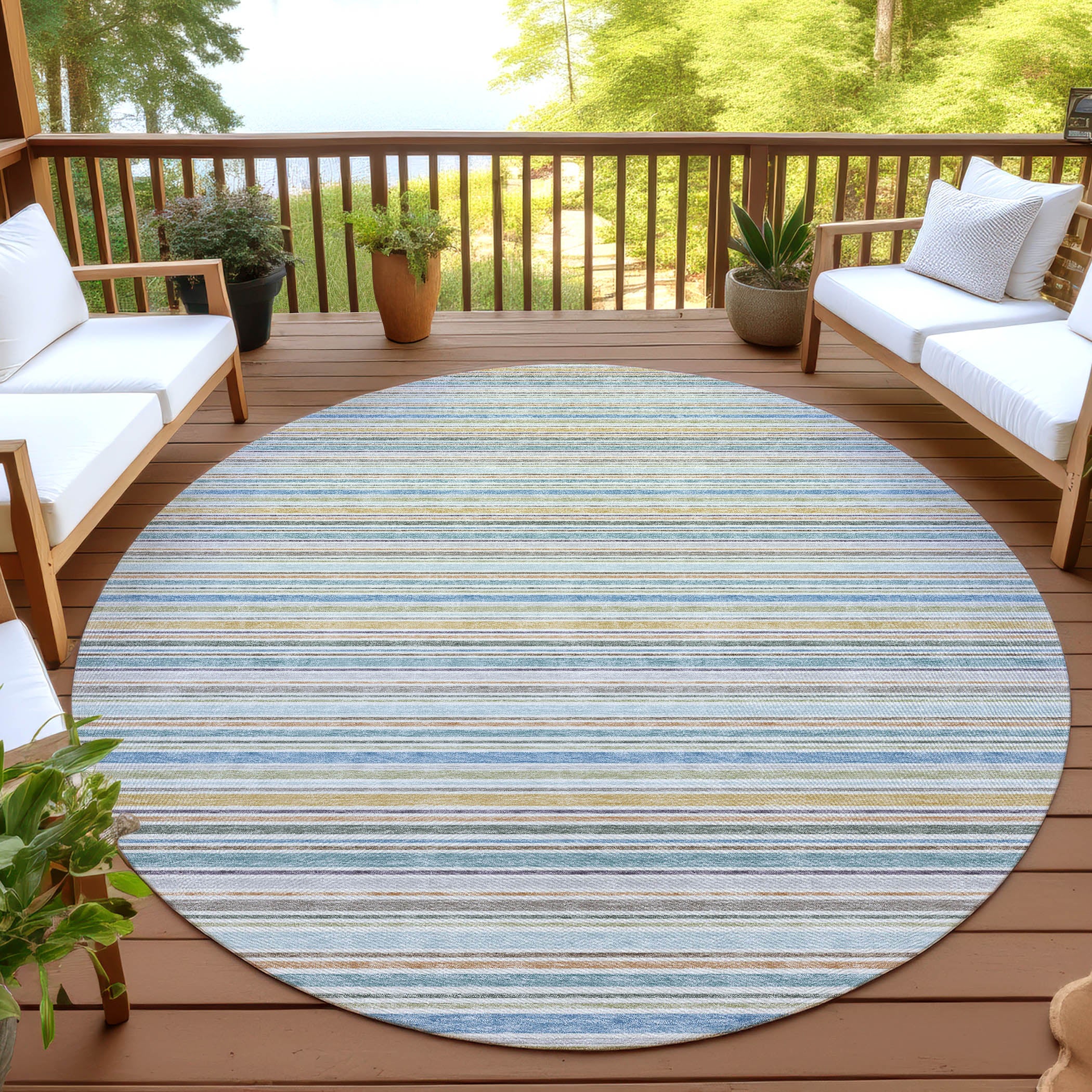 Luxury Washable Indoor/Outdoor Transitional SE2 Seaside Multi Rug 8' x 8' #shape_Round