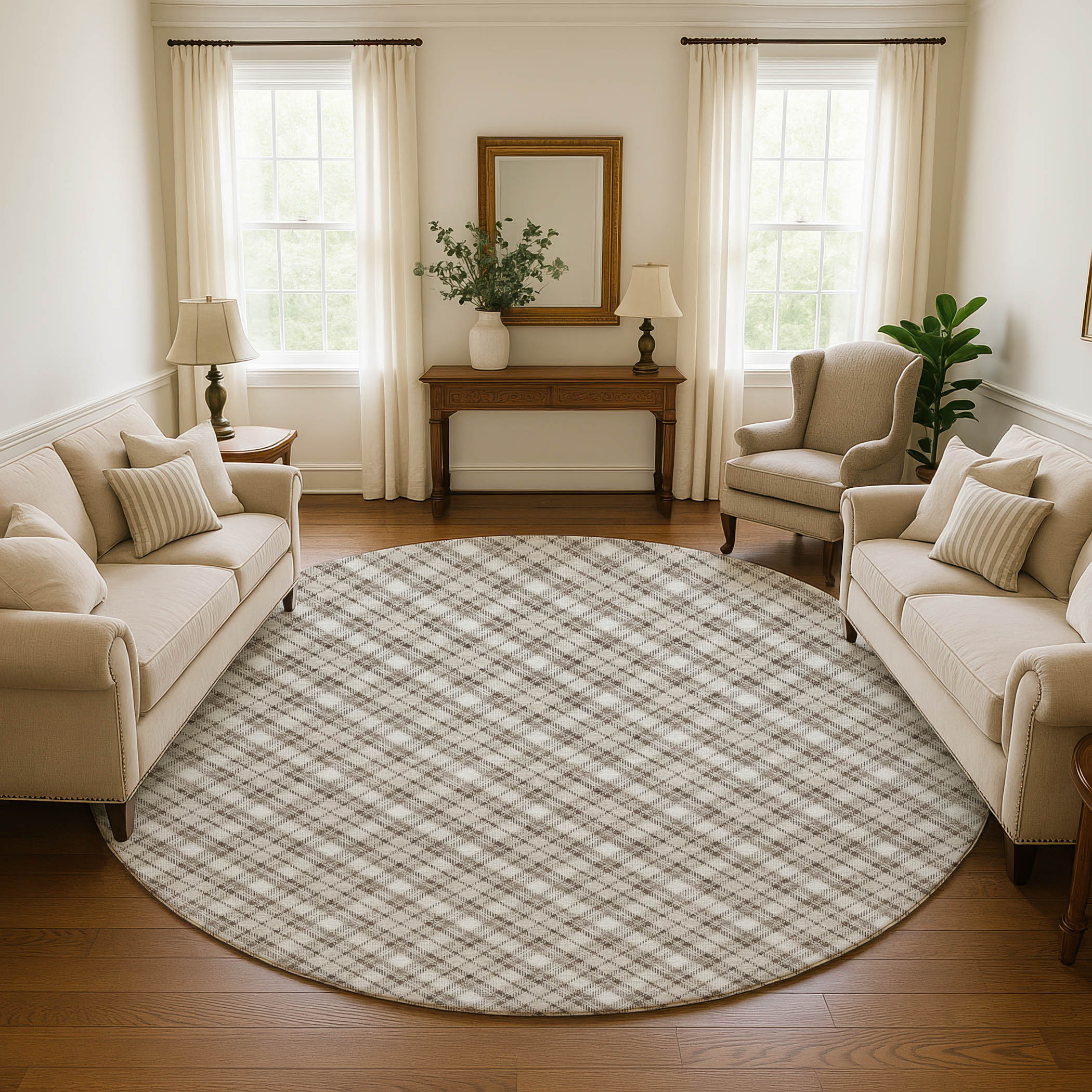 Luxury Washable Indoor/Outdoor Transitional SE3 Beige Brown Rug 8' x 8' #shape_Round