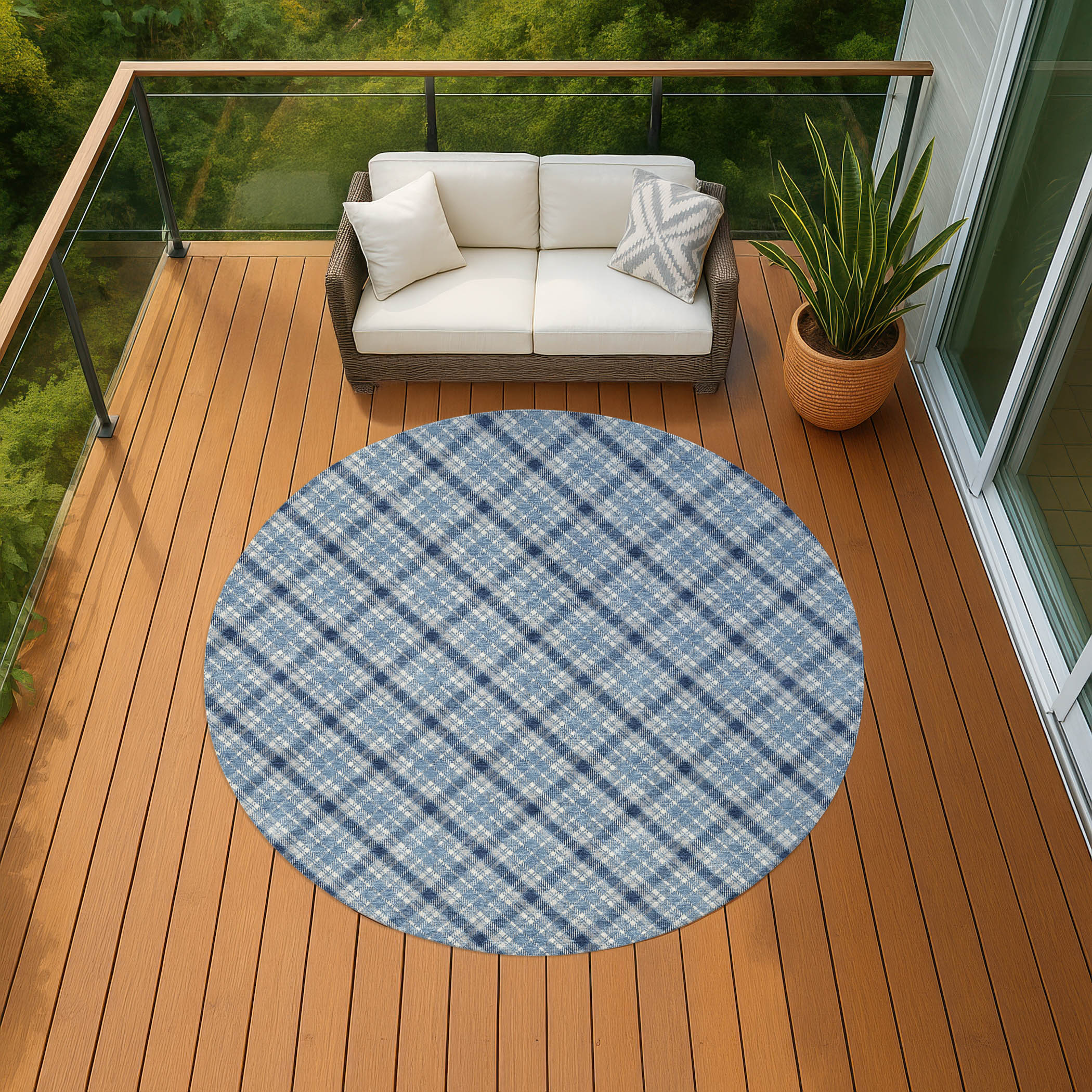 Luxury Washable Indoor/Outdoor Transitional SE3 Denim Blue Rug 8' x 8' #shape_Round