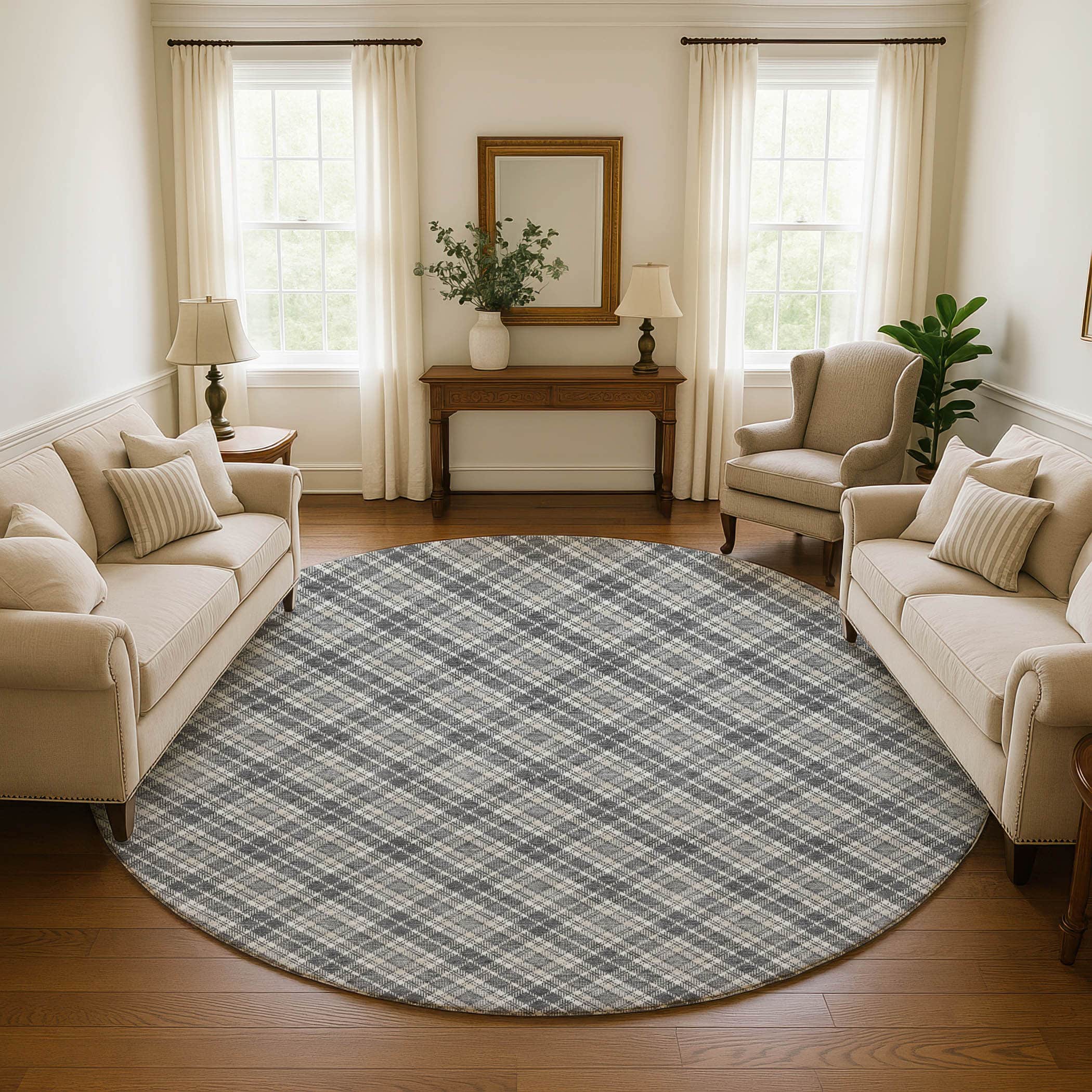 Luxury Washable Indoor/Outdoor Transitional SE3 Gray Rug 8' x 8' #shape_Round