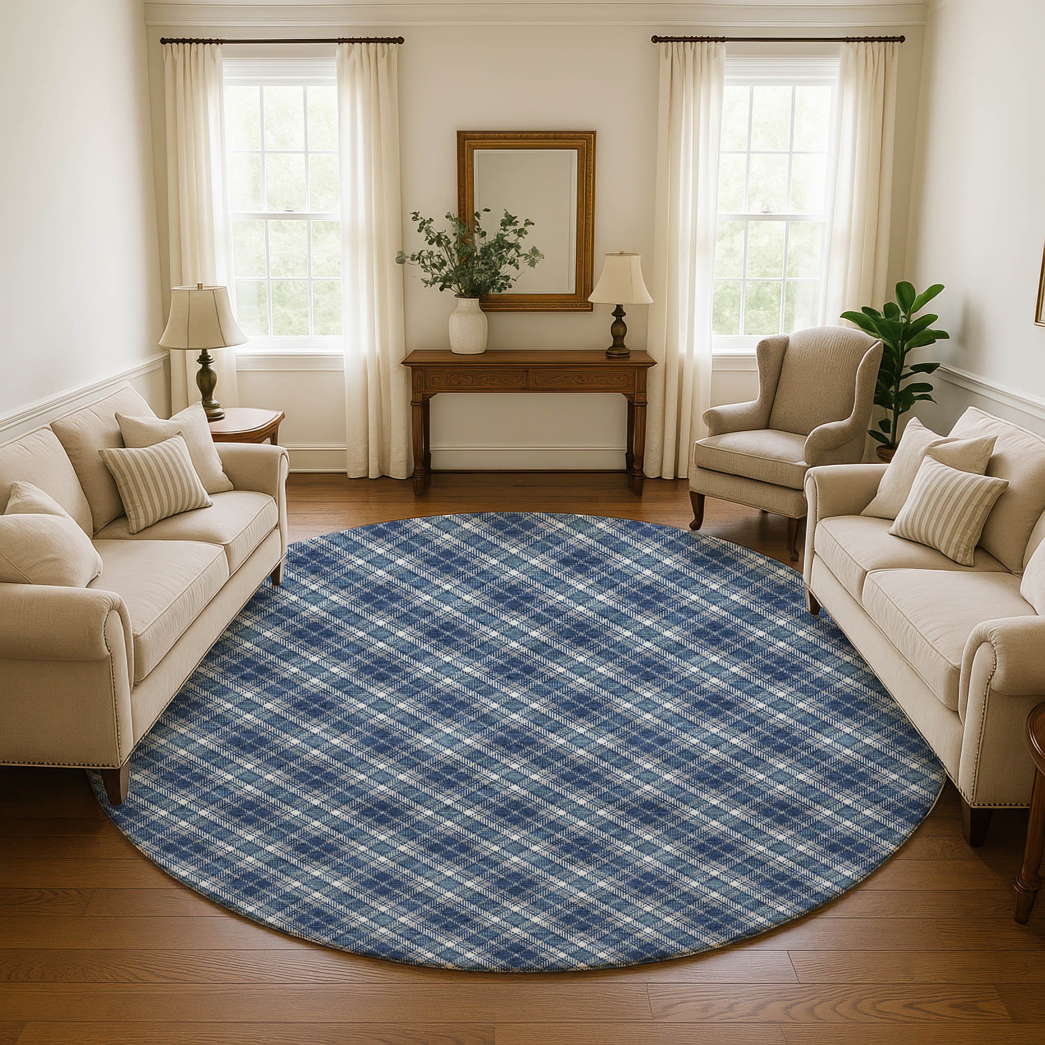 Luxury Washable Indoor/Outdoor Transitional SE3 Navy Blue Rug 8' x 8' #shape_Round