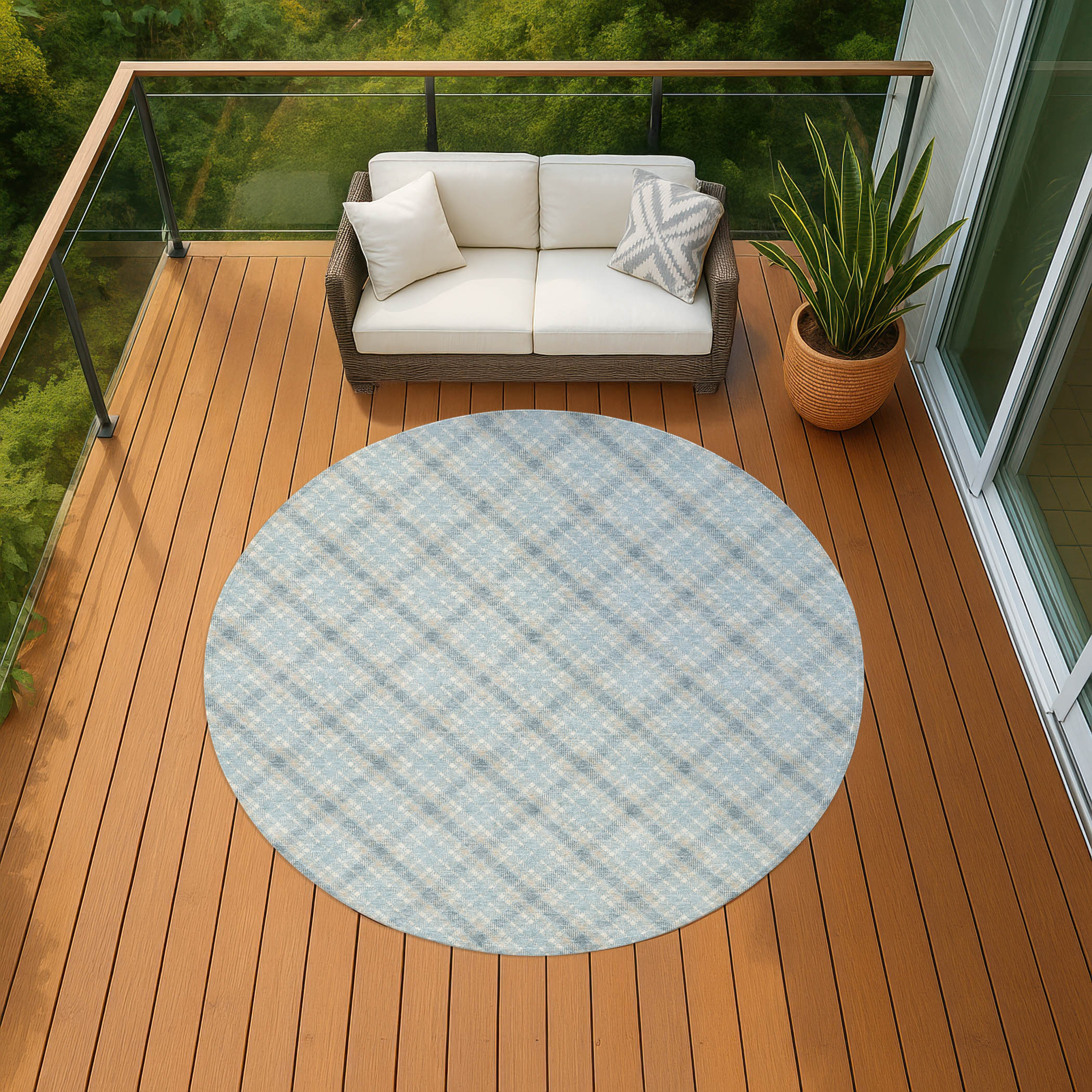 Luxury Washable Indoor/Outdoor Transitional SE3 Sky Blue Rug 8' x 8' #shape_Round