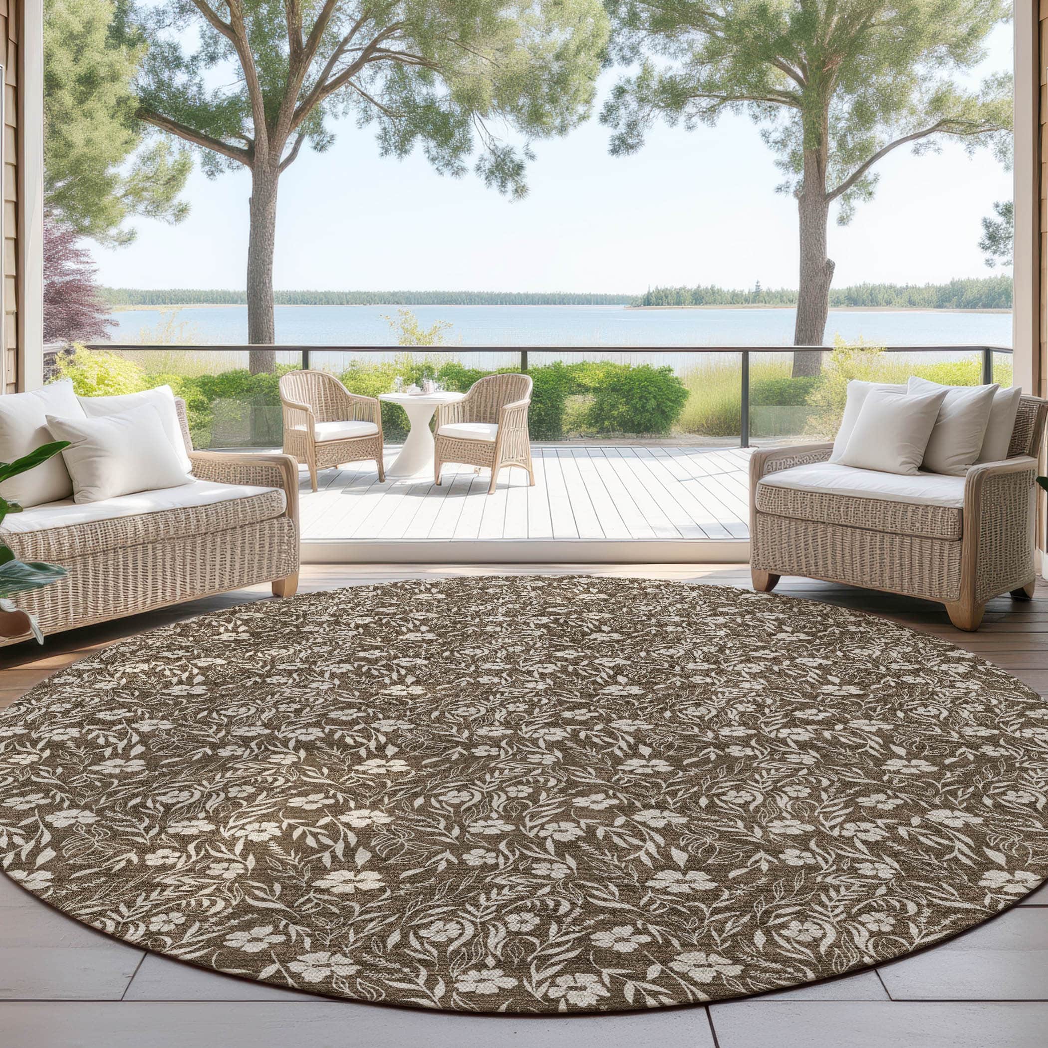 Luxury Washable Indoor/Outdoor Transitional SE4 Chocolate Brown Rug 8' x 8' #shape_Round
