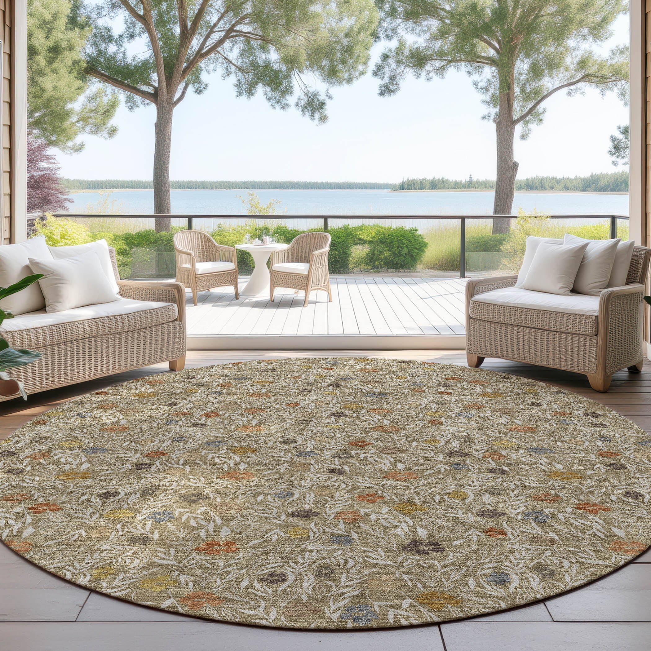 Luxury Washable Indoor/Outdoor Transitional SE4 Coffee Brown Rug 8' x 8' #shape_Round