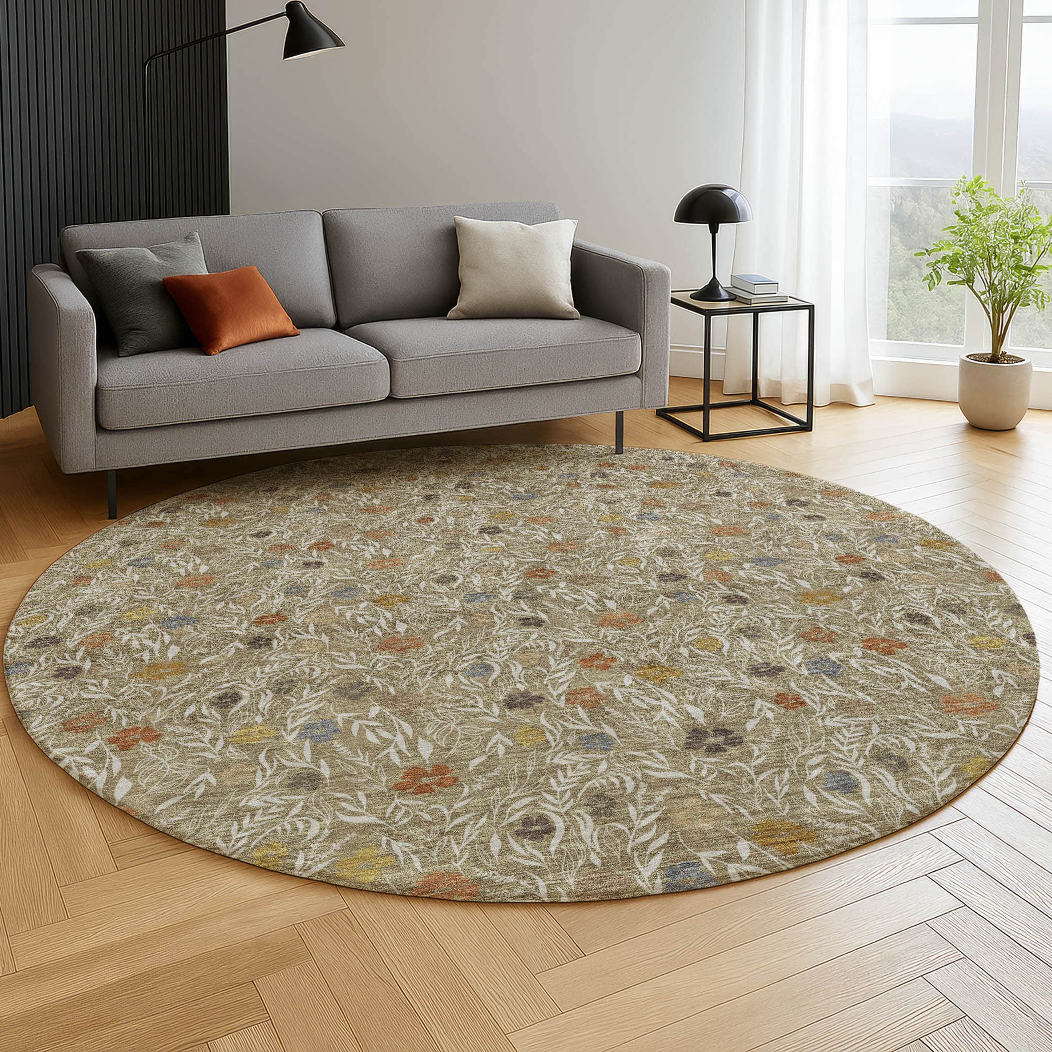 Luxury Washable Indoor/Outdoor Transitional SE4 Coffee Brown Rug 8' x 8' #shape_Round