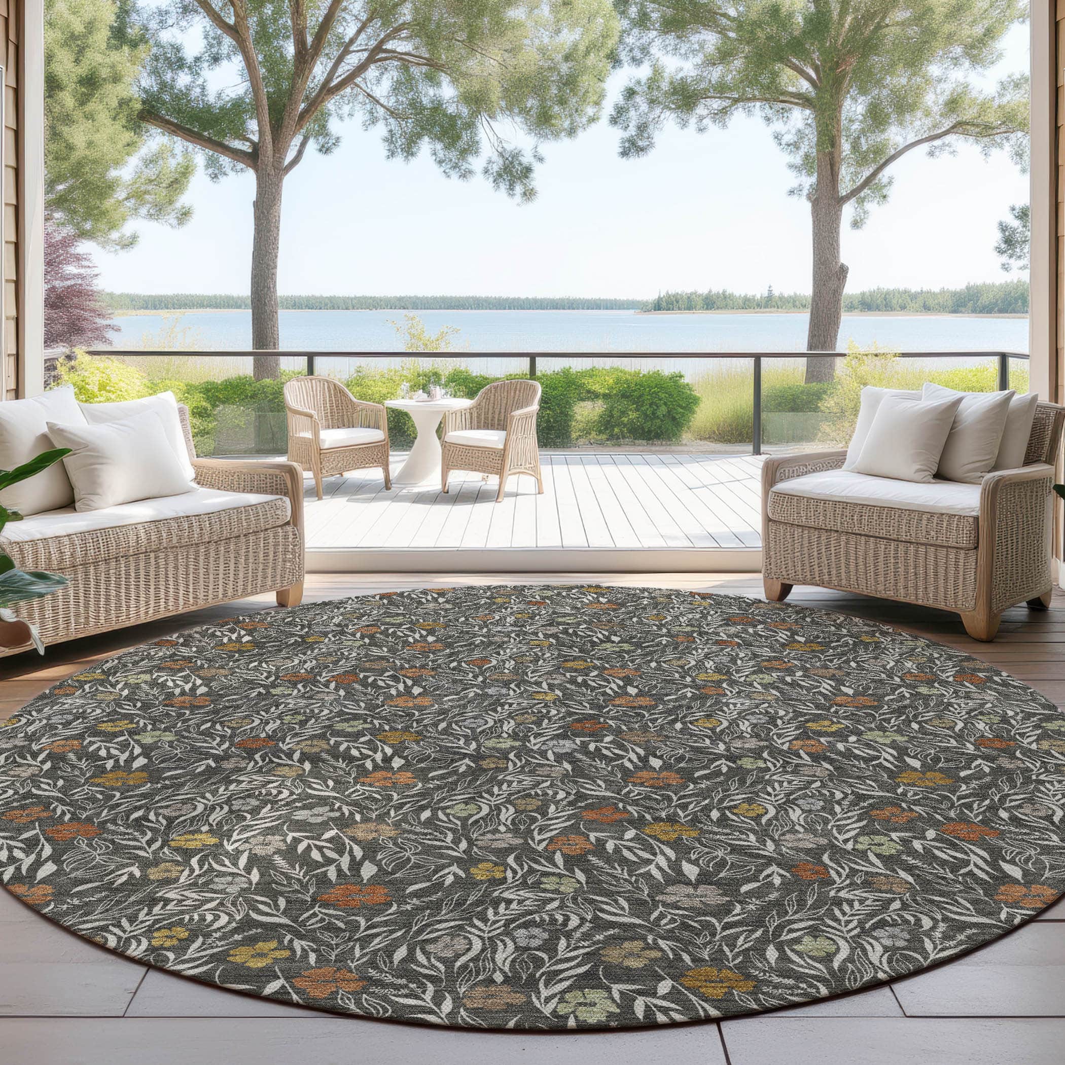 Luxury Washable Indoor/Outdoor Transitional SE4 Graphite Gray Rug 8' x 8' #shape_Round