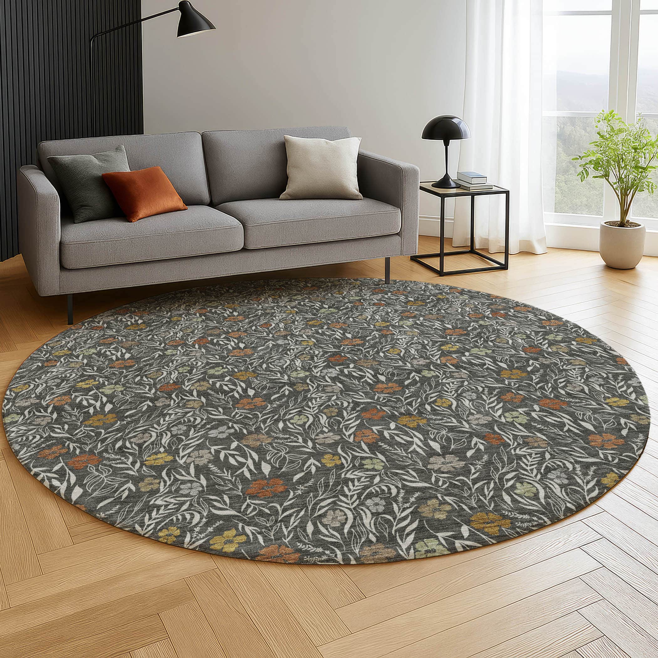 Luxury Washable Indoor/Outdoor Transitional SE4 Graphite Gray Rug 8' x 8' #shape_Round