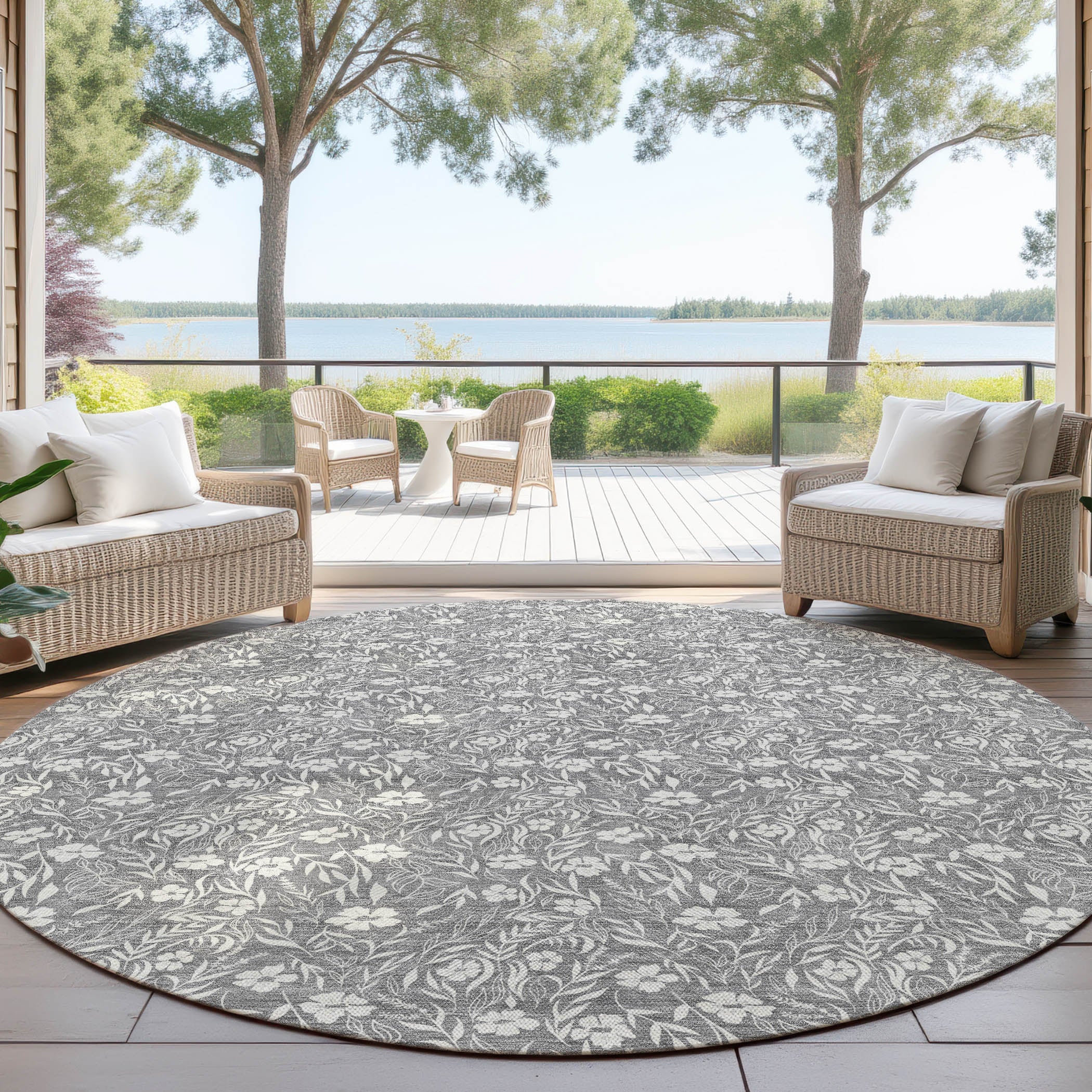 Luxury Washable Indoor/Outdoor Transitional SE4 Gray Rug 8' x 8' #shape_Round